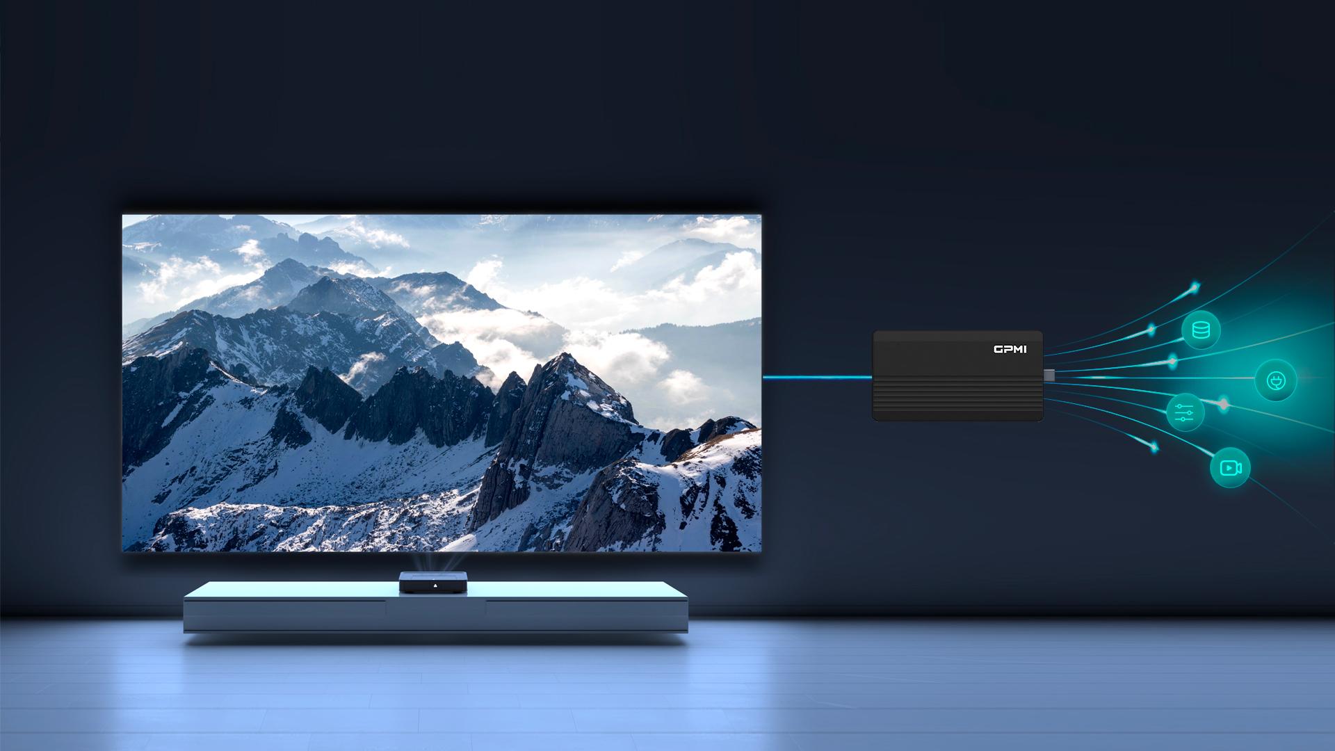 A TV showing a mountain with a GPMI module attached