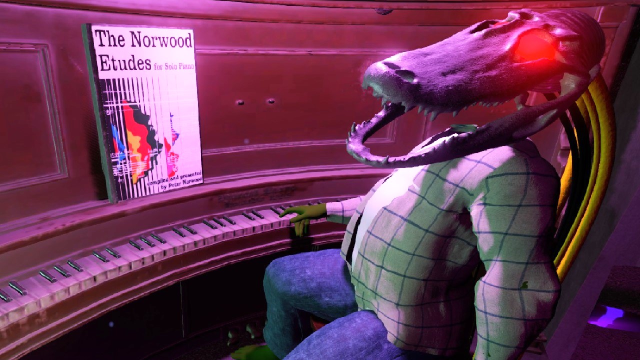 Alligator skull with glowing eyes on human body and cords coming out sitting at piano with &quot;The Norwood Etudes&quot; ready to play
