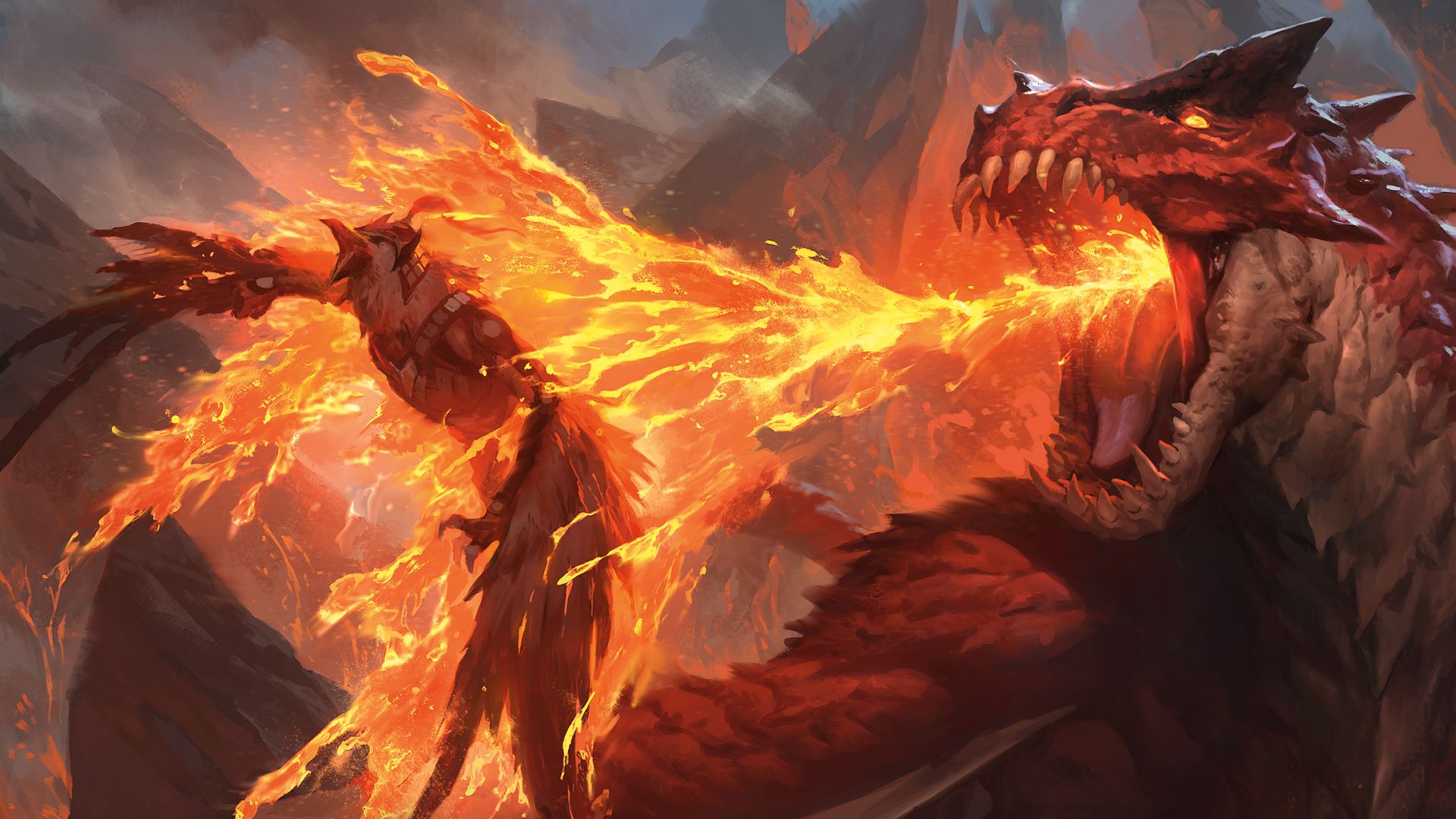 A red dragon burns a bird with its breath