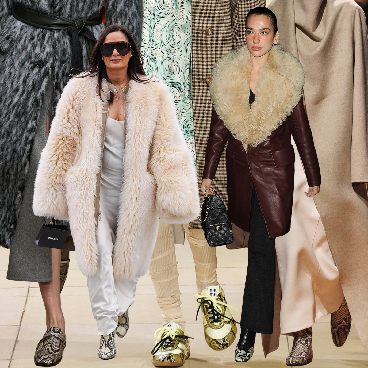 A collage of women wearing snake-print shoes.