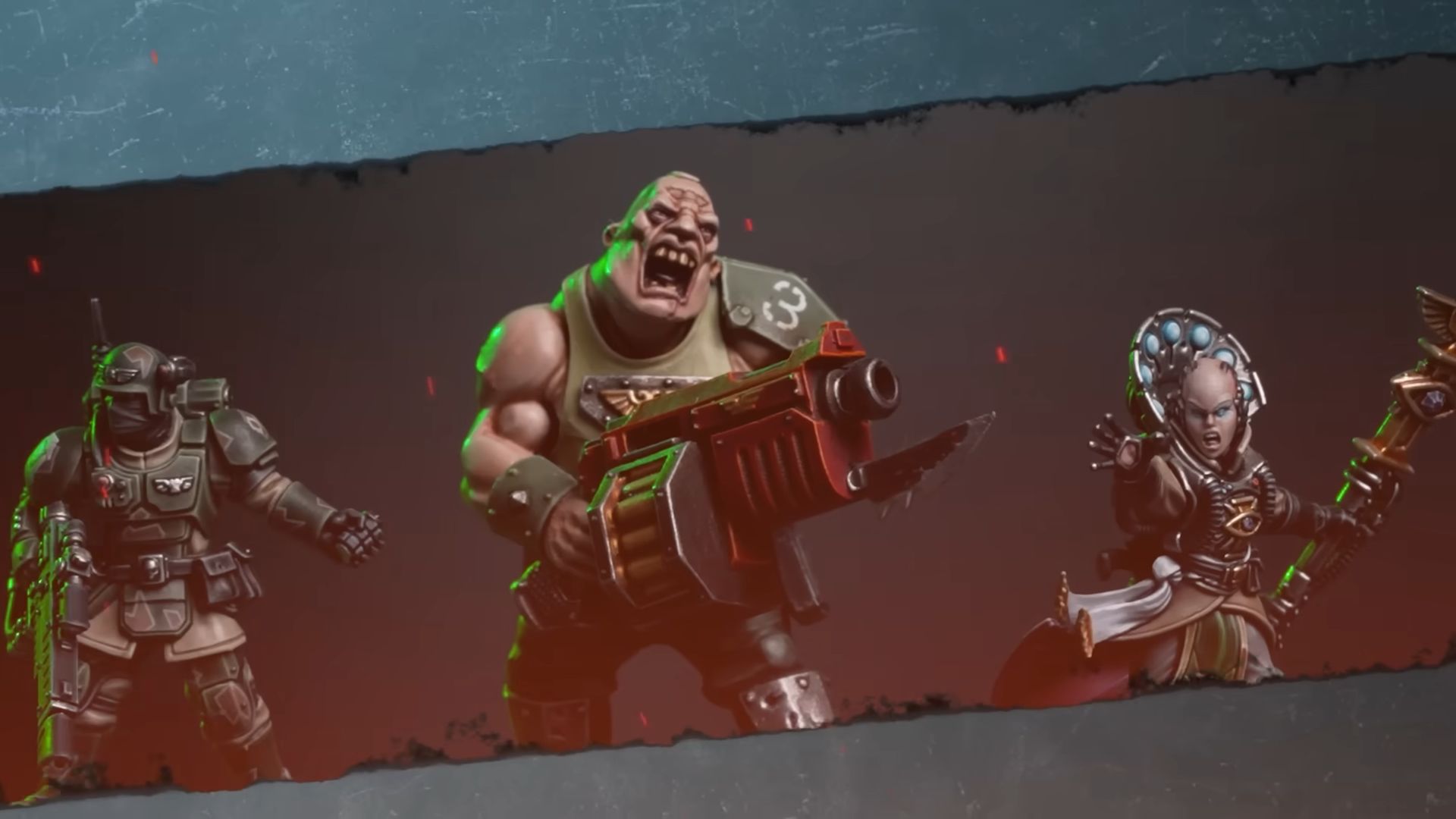 The veteran, ogryn, and psyker from Darktide: The Miniatures Game