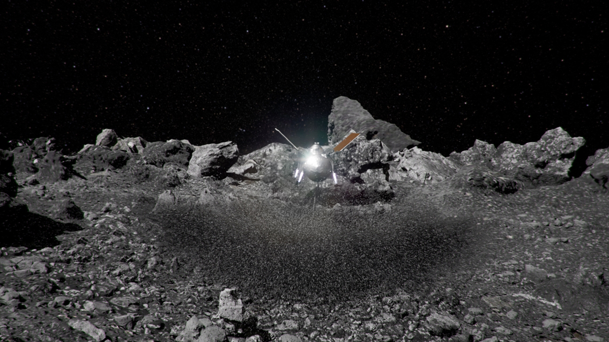 A visualisation of the wall of debris stirred up during the OSIRIS-REx's probe sample-collecting touch-down.
