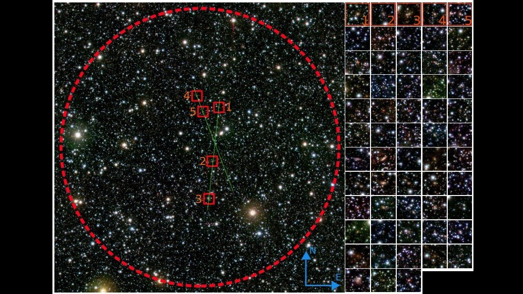 A composite image showing the 58 galaxies clustered together in the "zone of avoidance" behind the Milky Way.