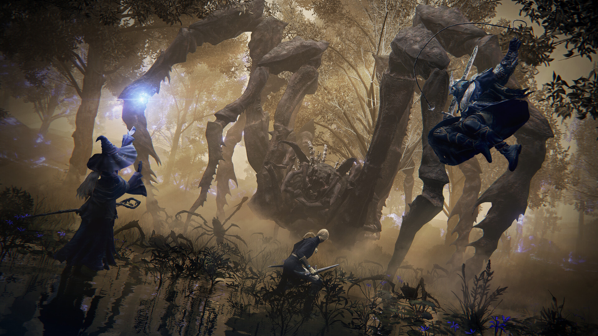 Elden Ring Nightreign classes - Recluse, Duchess, and Wylder fighting a spider