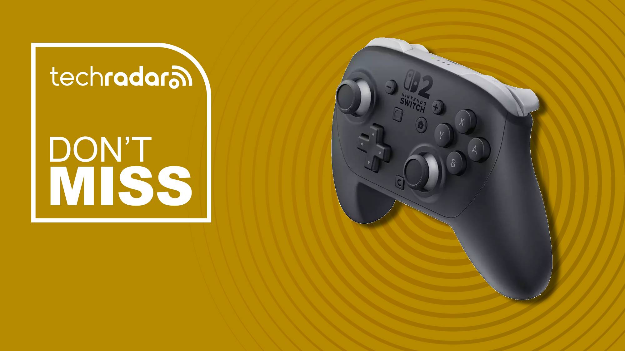 The Nintendo Switch 2 Pro Controller on a yellow background with white don&#039;t miss text