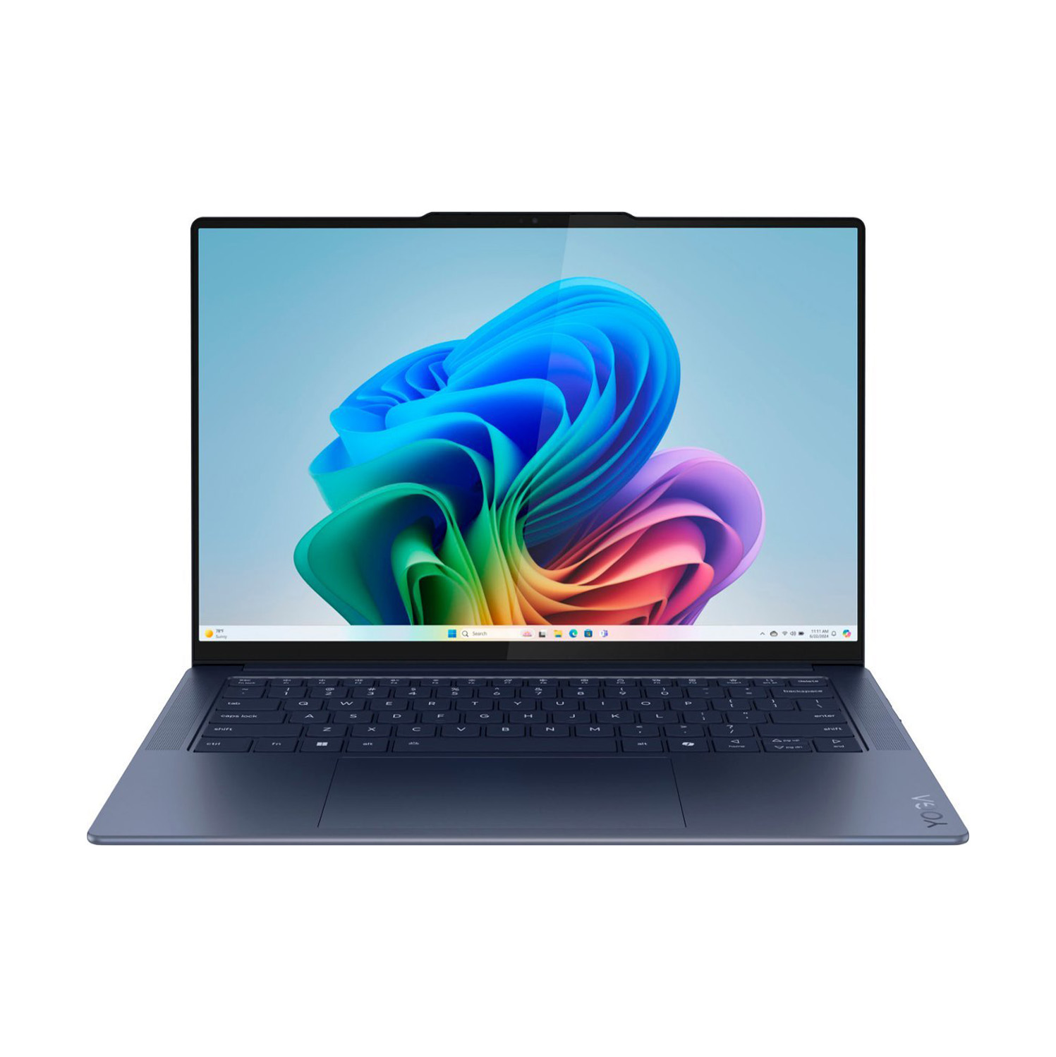 A front-facing view of an open and powered on laptop against a white background.