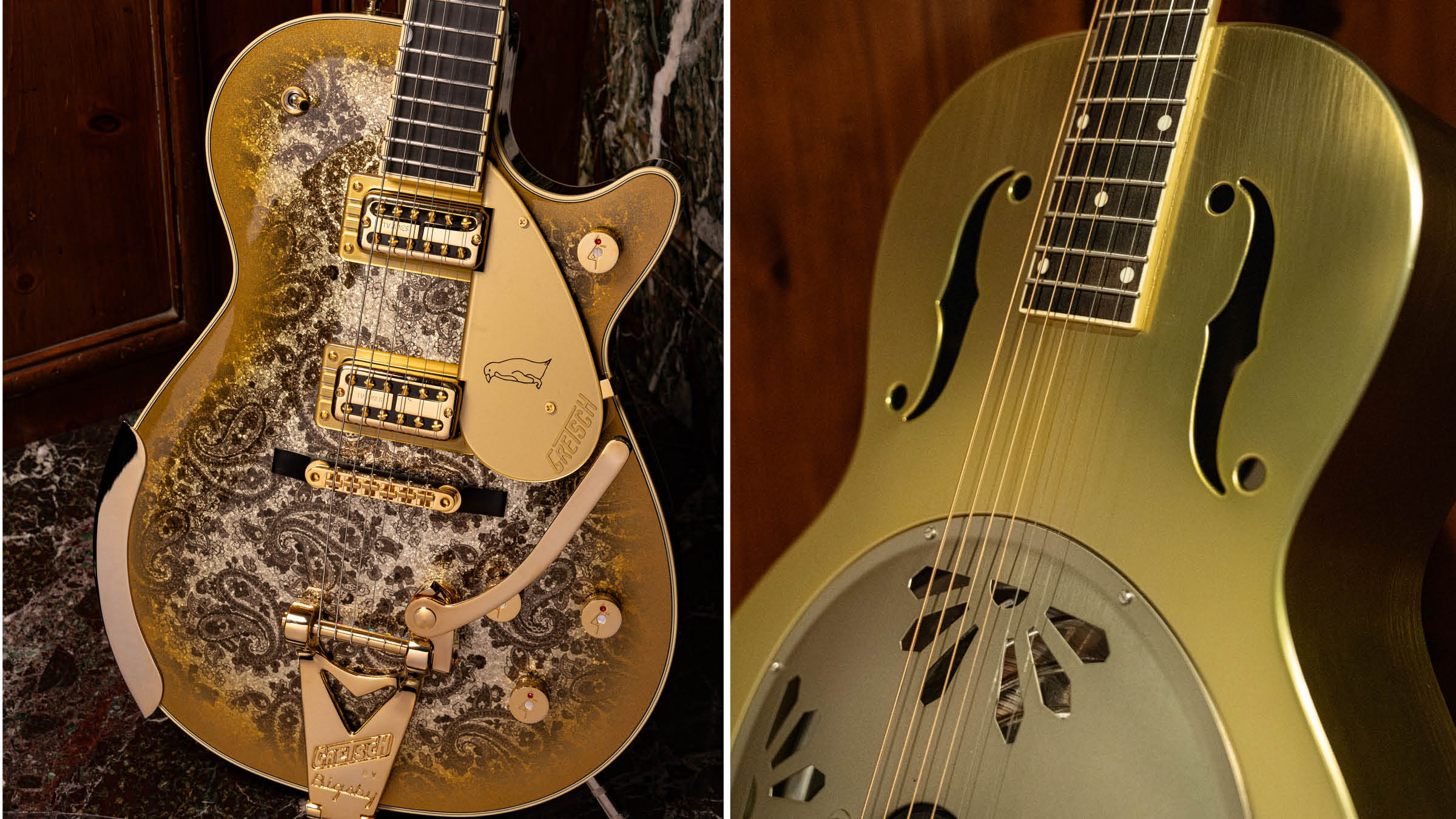 Gretsch Limited Edition Paisley Penguin [left] and Honey Dipper Resonator: the Penguin dresses the famous singlecut in gold sparkle with a Paisley Pattern graphic, while the 99 per cent aluminium Honey Dipper makes a welcome return to the lineup.