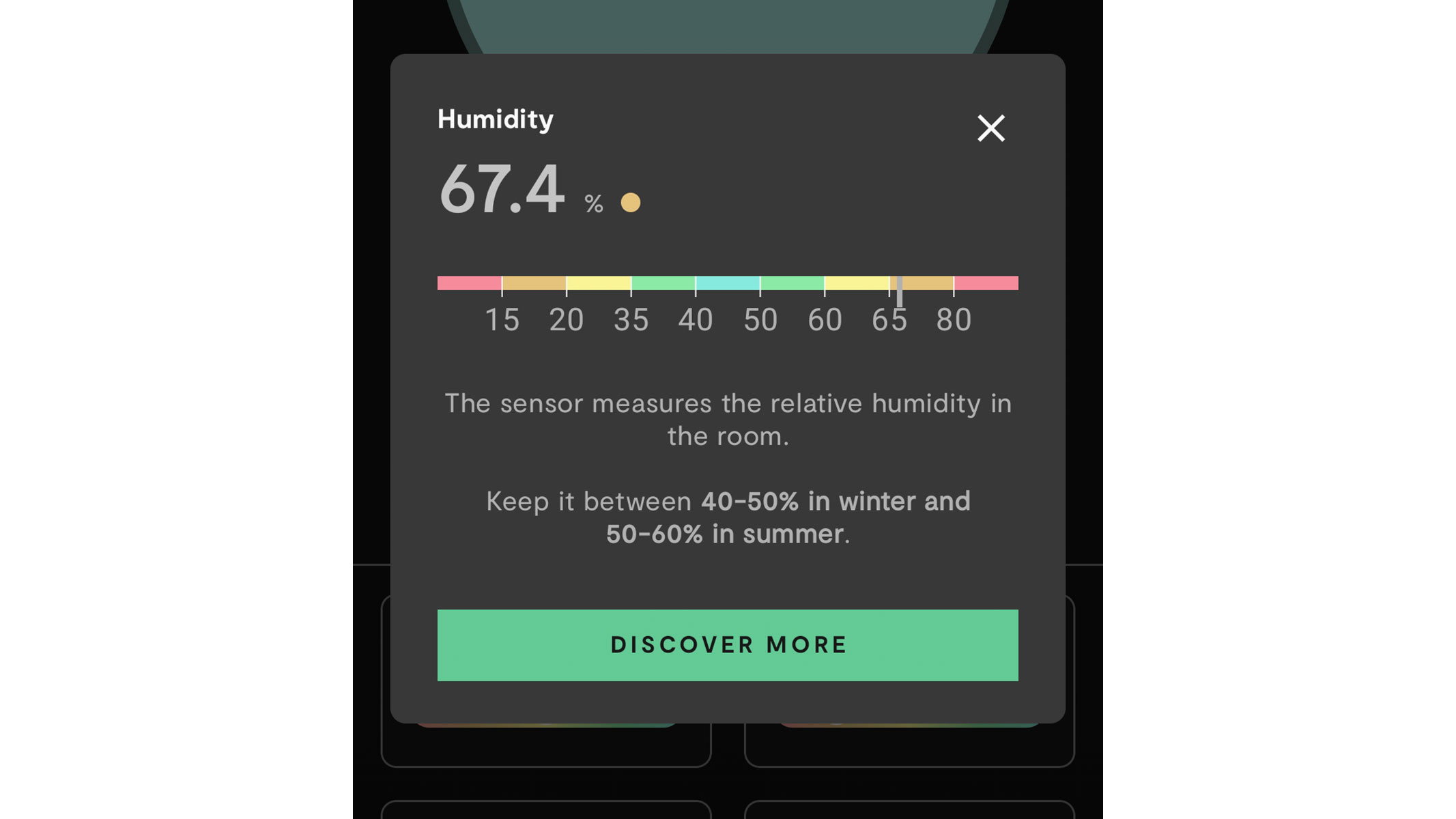 A screenshot of the humidity monitor from the Vitesy app