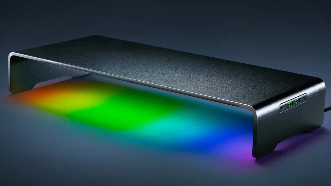 Razer Monitor Stand Chroma, an ergonomic monitor stand and USB-C hub combo with Chroma RGB lighting.
