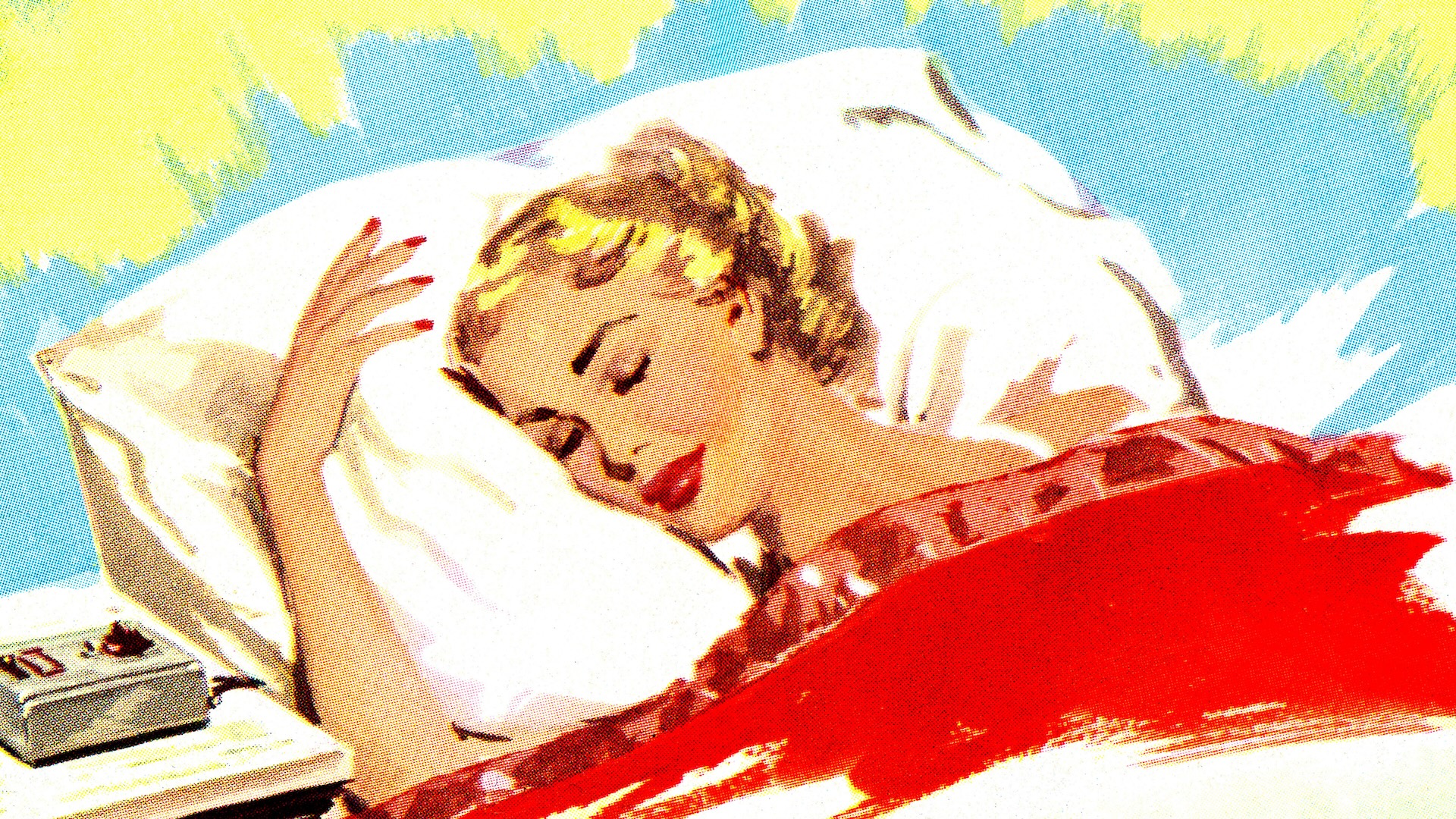 a retro-style illustration of a sleeping woman in bed