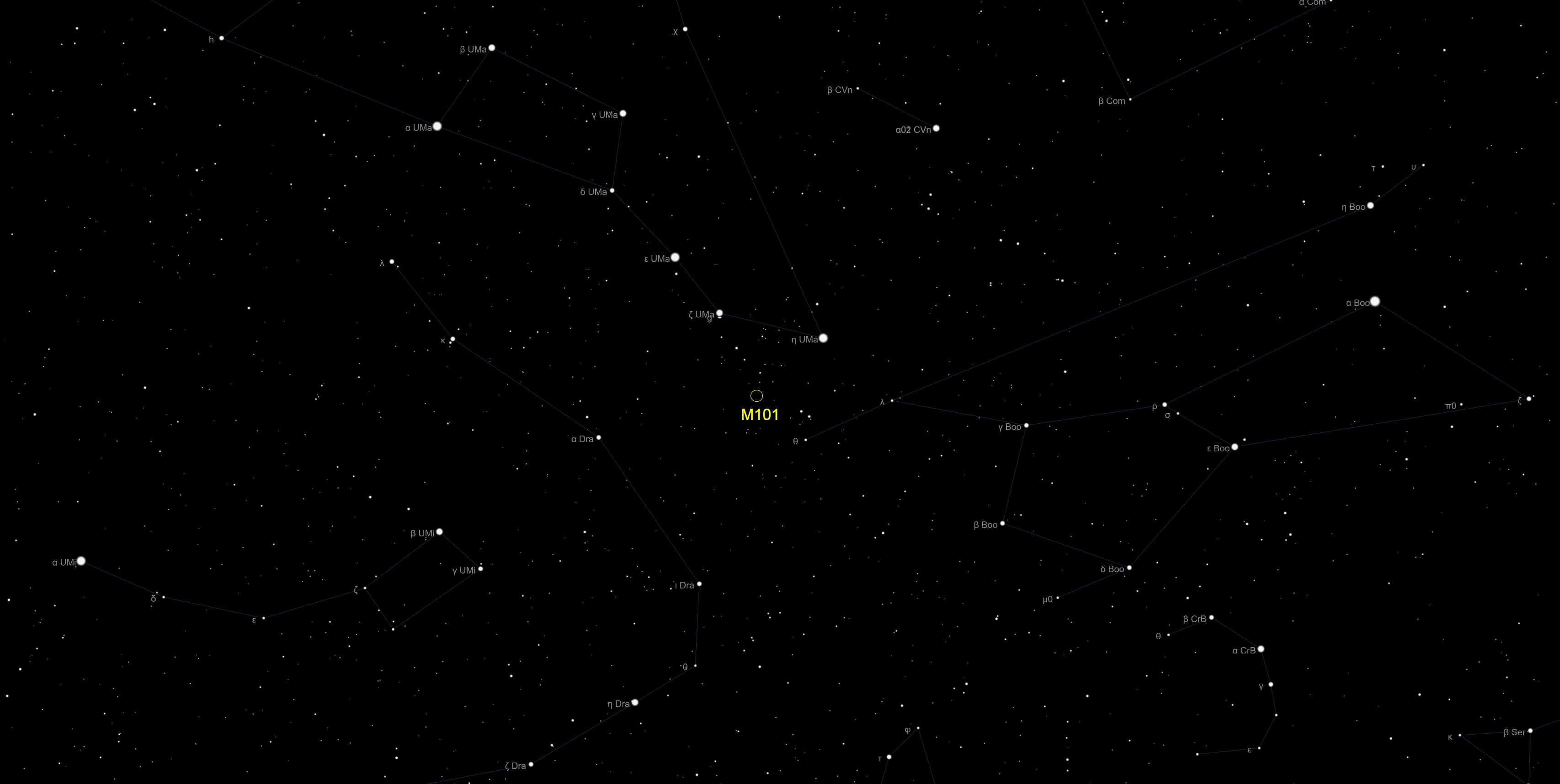 the night sky showing the location of galaxy M101 near Ursa Major