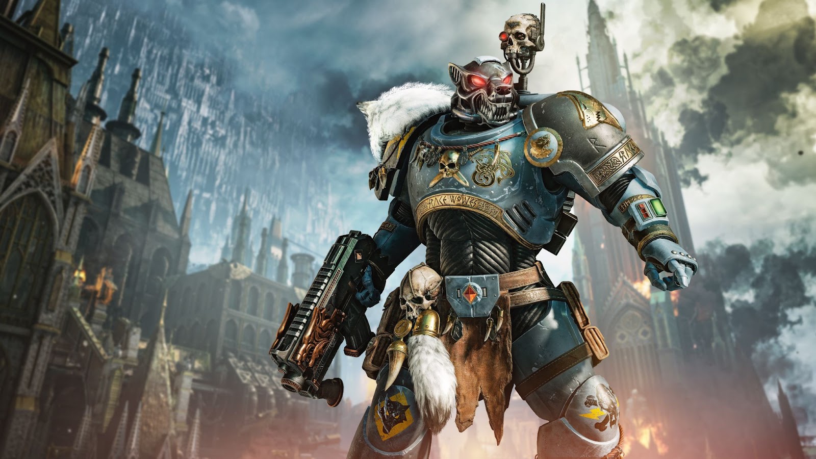 An Ultramarine dressed in Wolf Pack armour, including a white wolf&#039;s head pauldron, readies for battle with a gothic 40k city in the background.