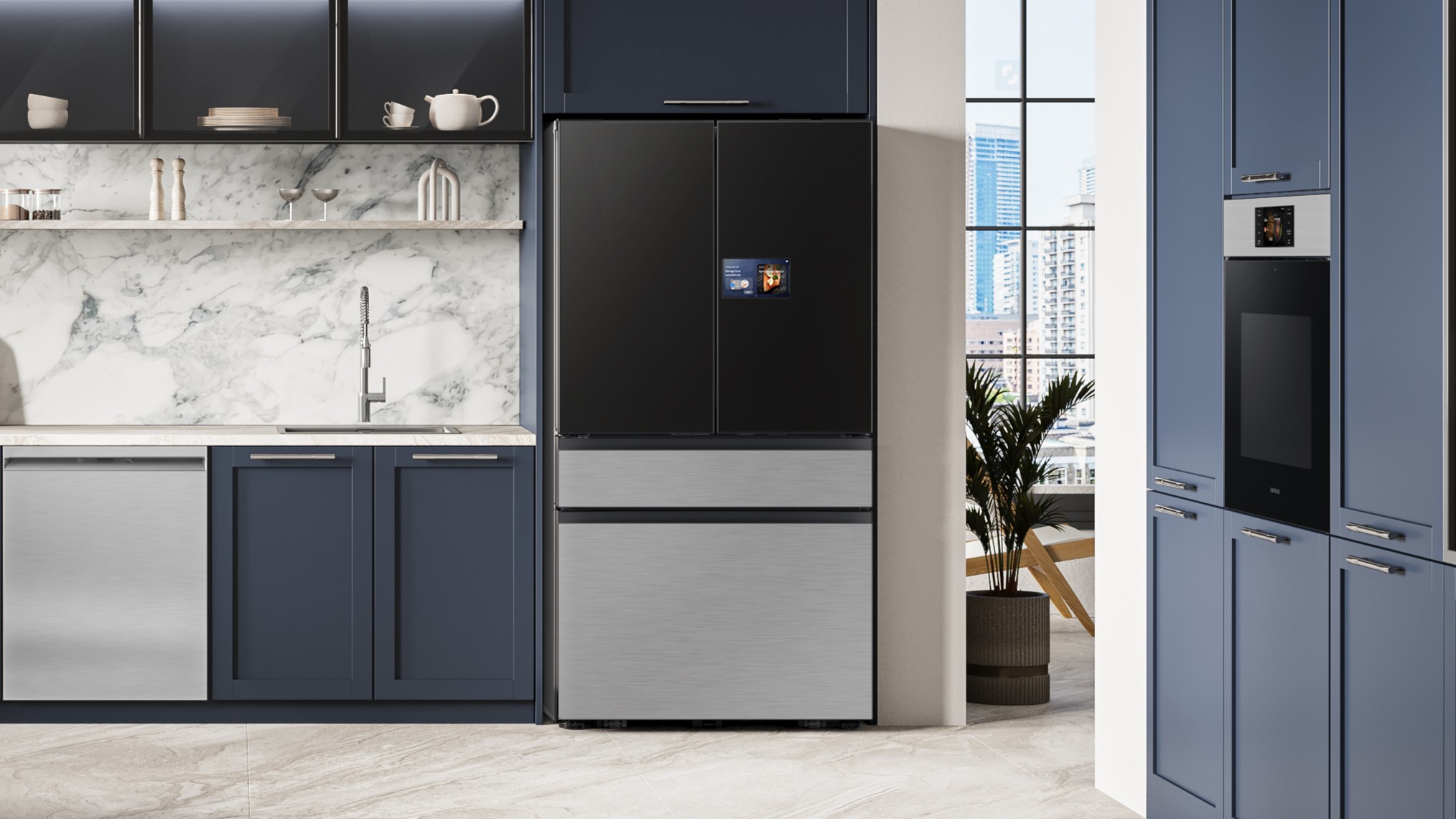 Samsung two-door smart fridge in kitchen