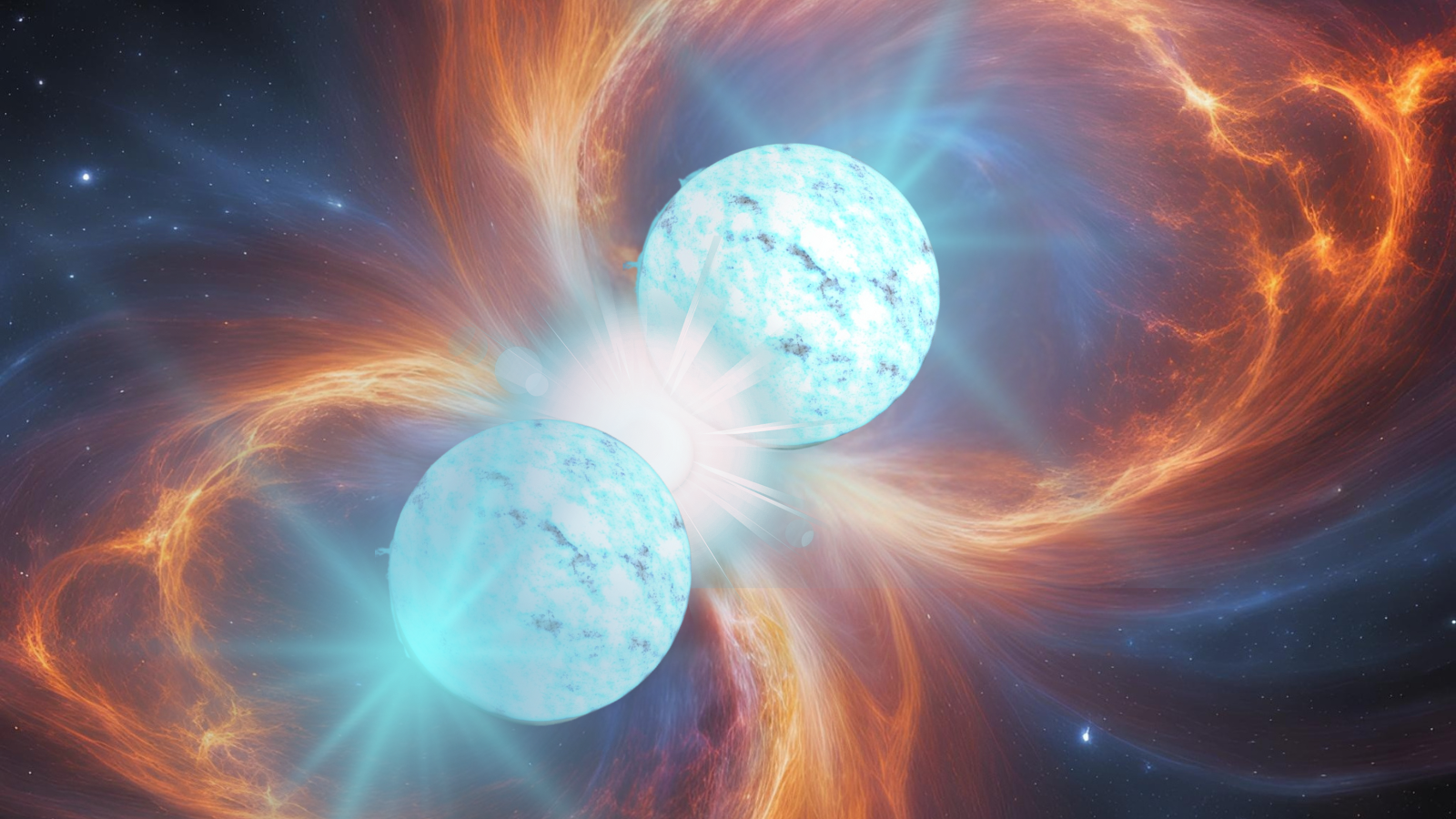 An illustration shows two blueish stars colliding and merging.