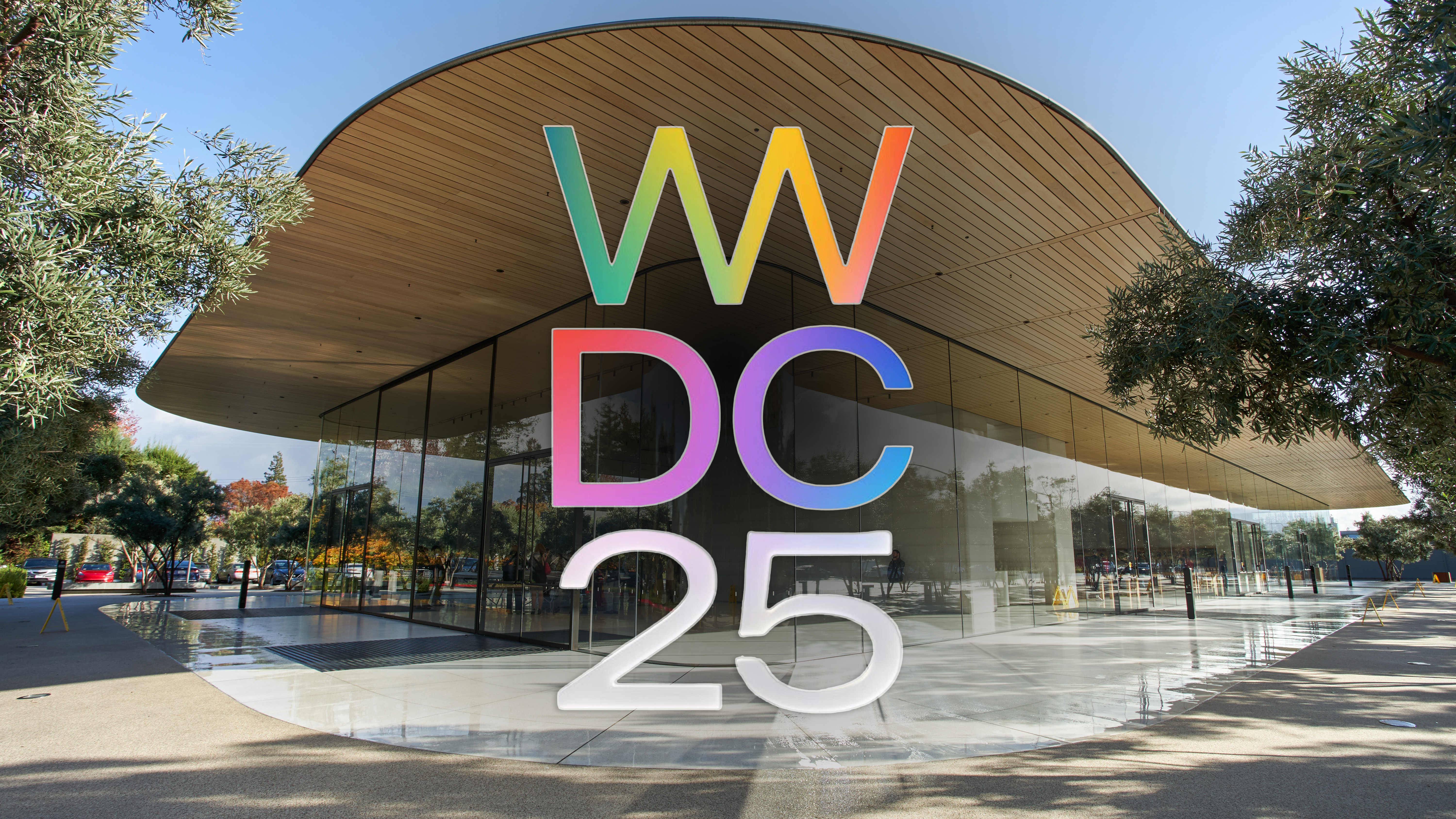 WWDC 2025 logo on top of Apple&#039;s cupertino campus