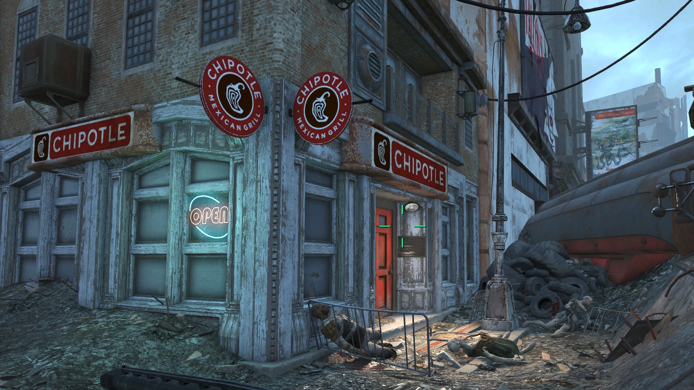 A Chipotle amid the bombed-out ruins of Boston in Fallout 4.
