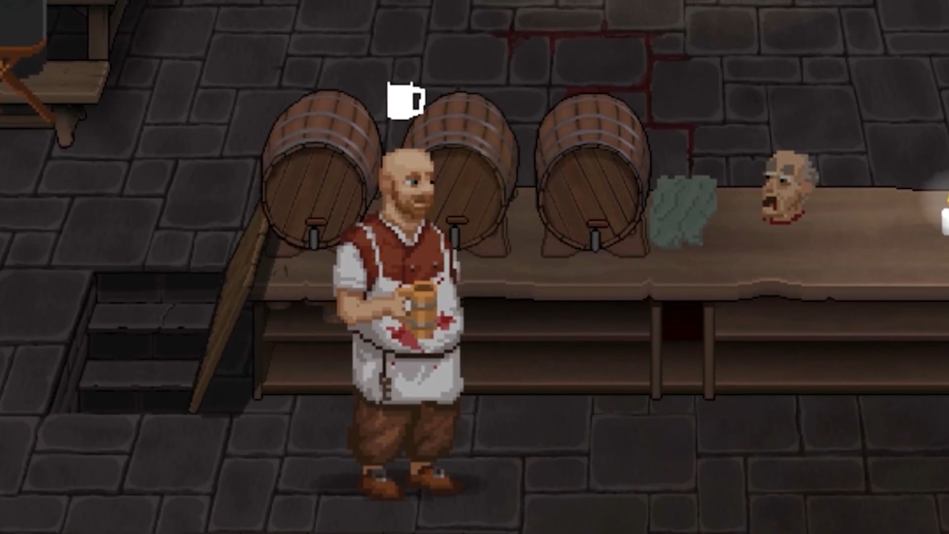 An innkeeper with a mug stands next to a bar with a severed head on it