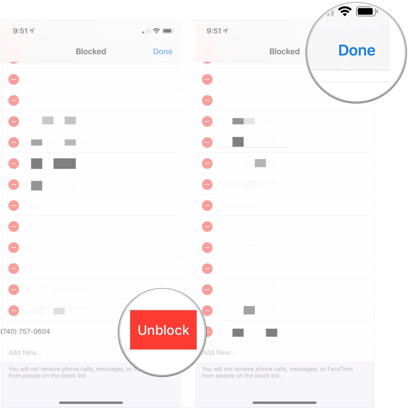 Tap Unblock, tap Done