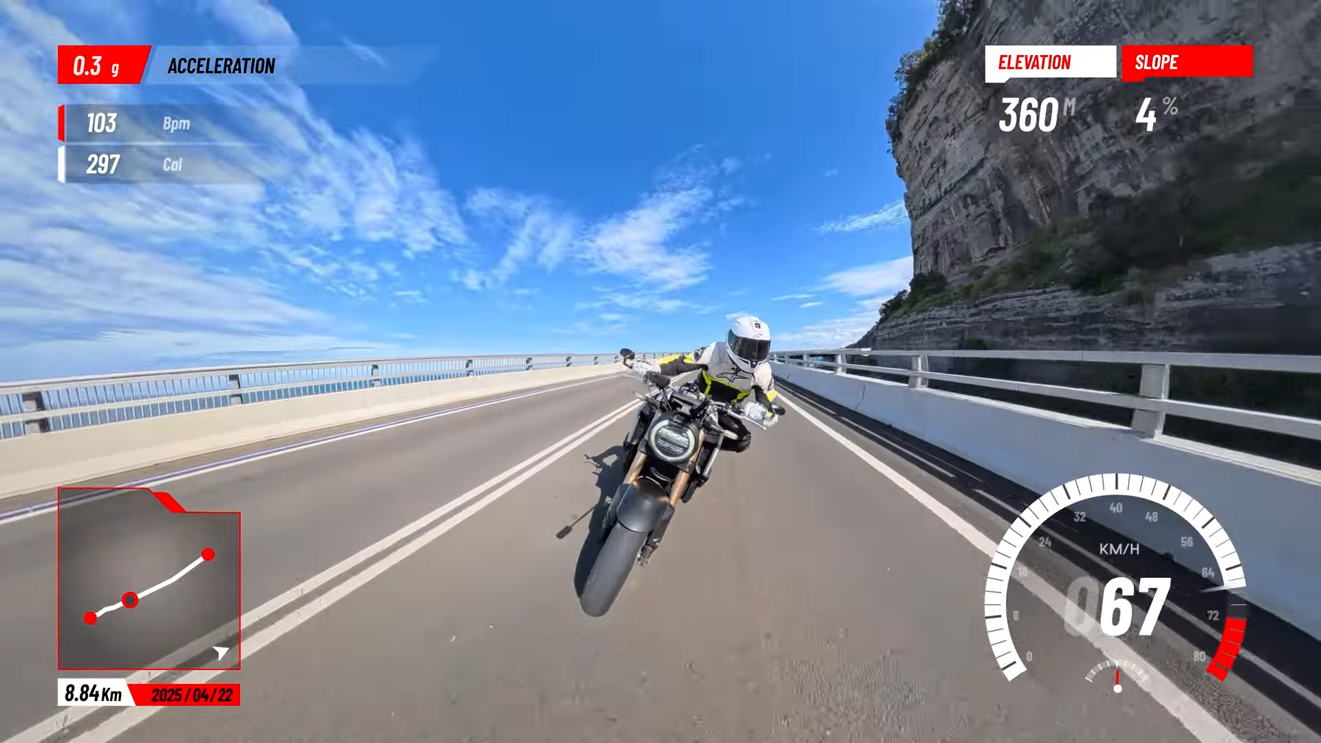 Person riding a motorcycle, self-shot with Insta360 X5, showing game-like HUD overlay with real-time metrics pulled from Garmin or Apple smart watches.