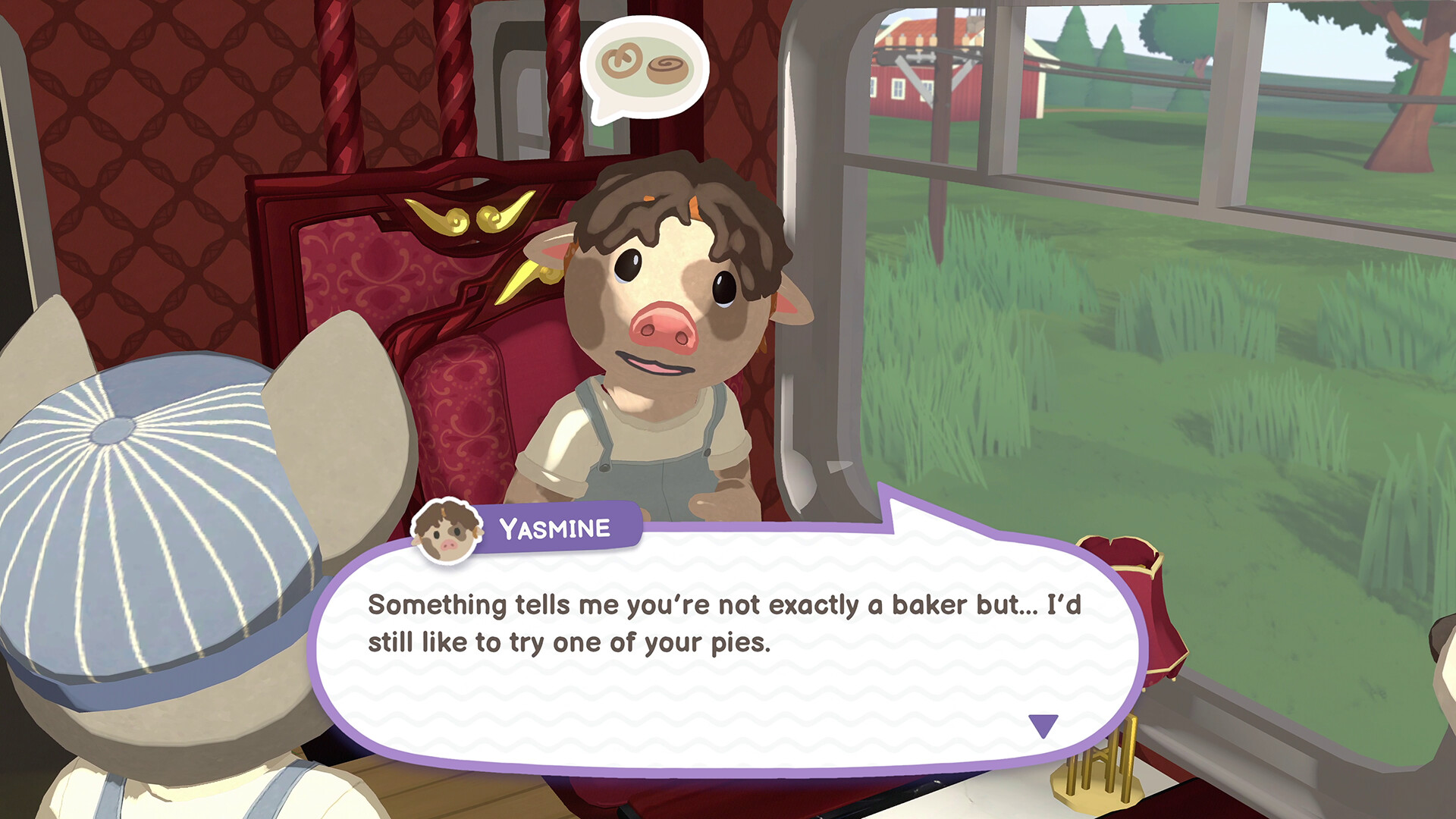 A screenshot from Locomoto showing a whimsical pig in conversation on a train