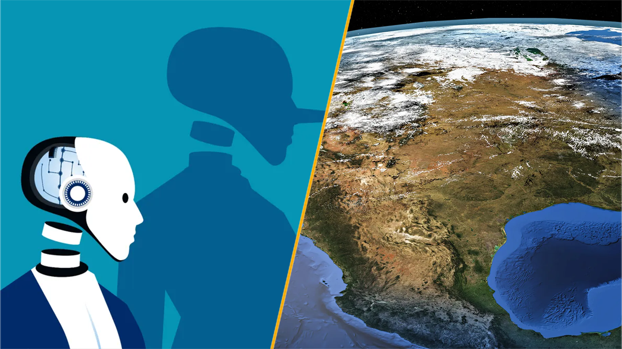 Split image showing a robot telling lies and a satellite view of north america.