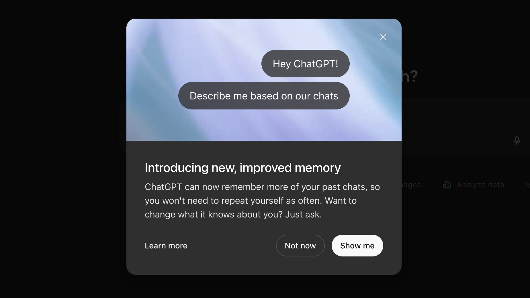 A screenshot of the new chatgpt memory feature popup