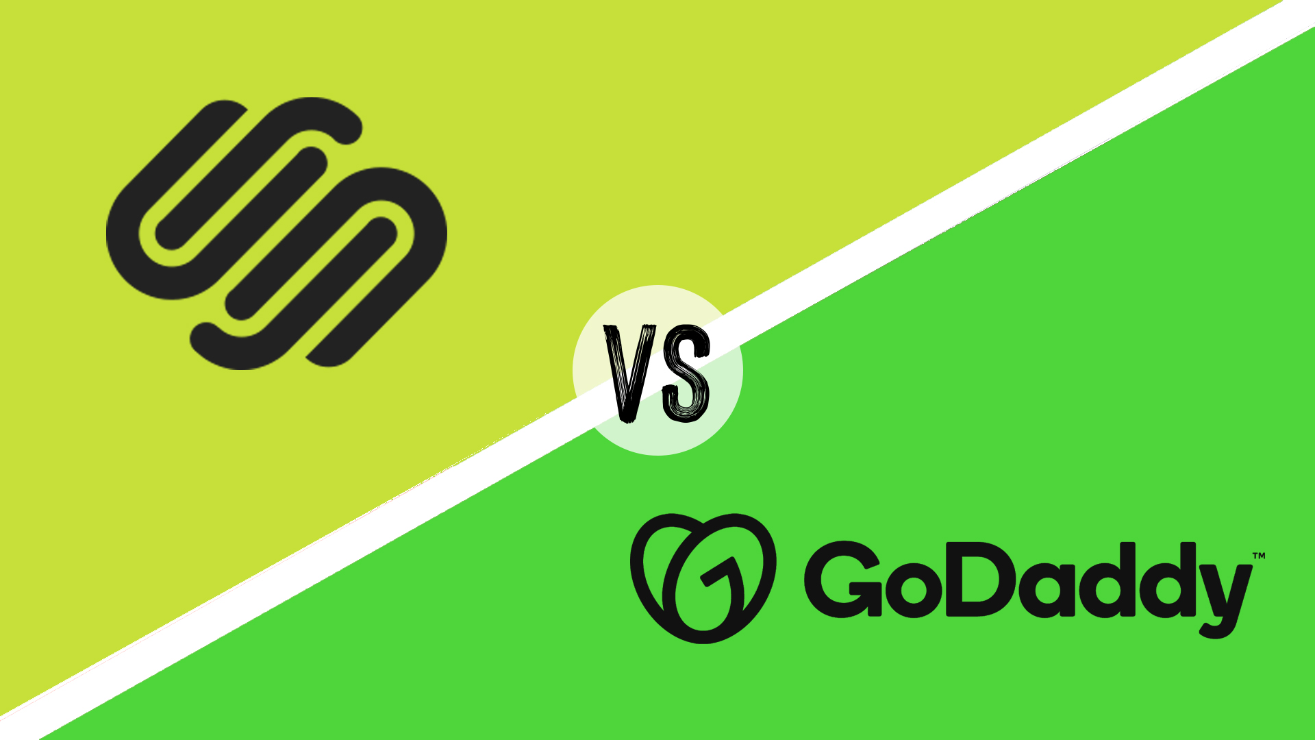The Squarespace logo, then the text &#039;VS&#039;, then the GoDaddy logo. 