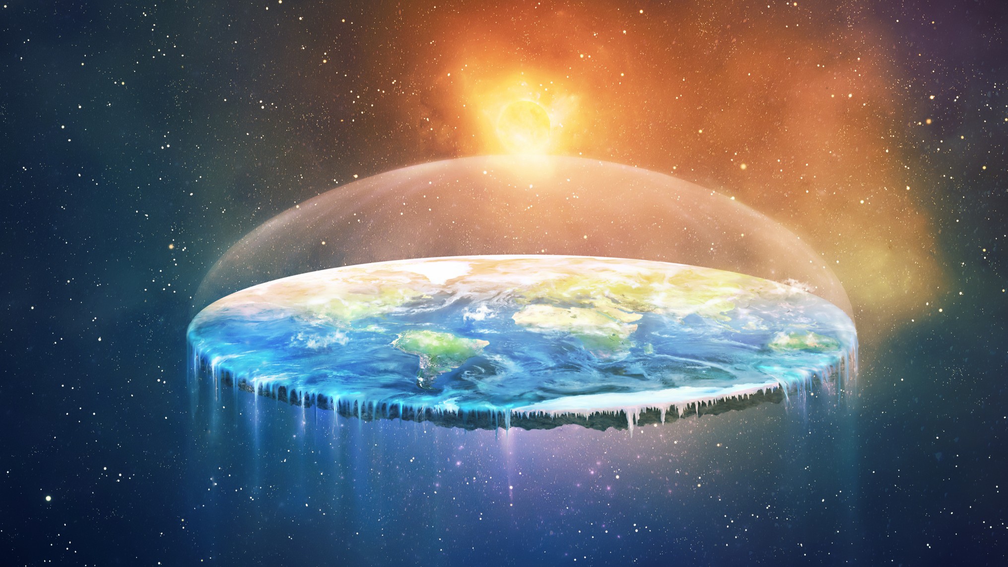 graphic illustration showing what flat-earther&#039;s believe our planet looks like, a flat disk. 