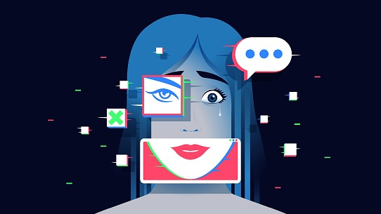 Illustration of a girl&#039;s face being manipulated by AI