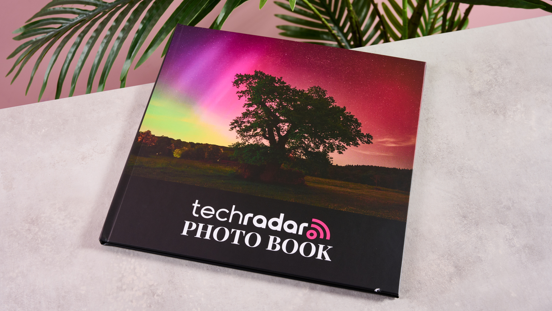 The cover of a 12 x 12 inch Blurb photo book on a marble surface in front of a plant.