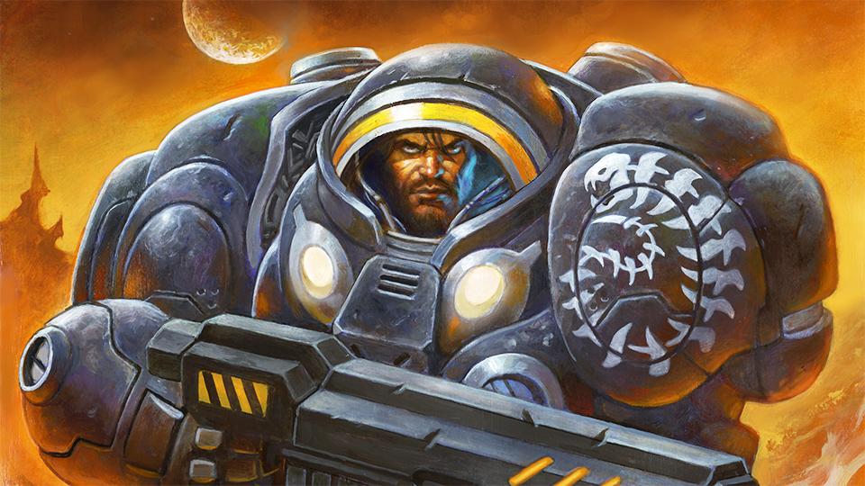 Key art of a heavily armored man on an alient planet from Starcraft