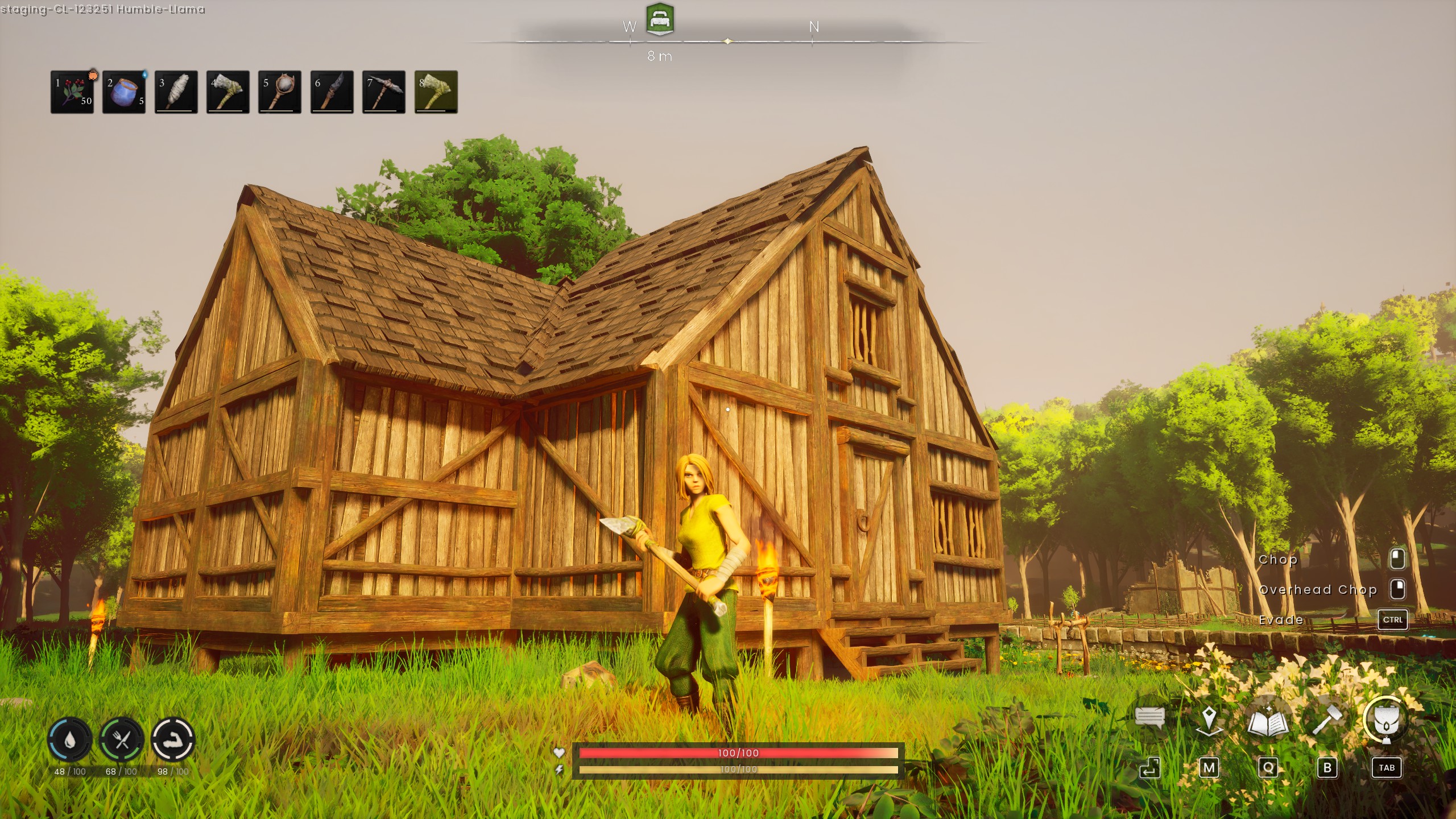 RuneScape: Dragonwilds - A players stands in front of a wood house with a gabled roof