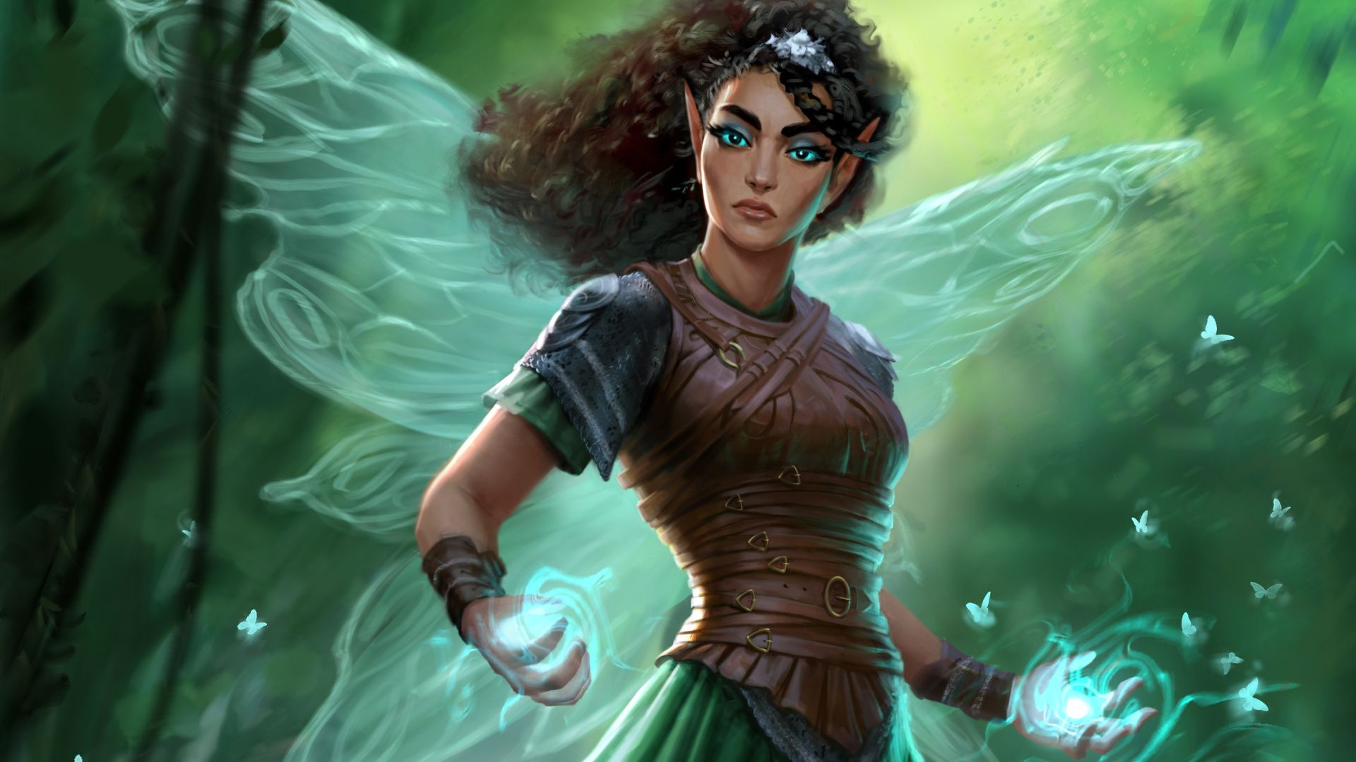 An azata with glowing wings surrounded by butterflies