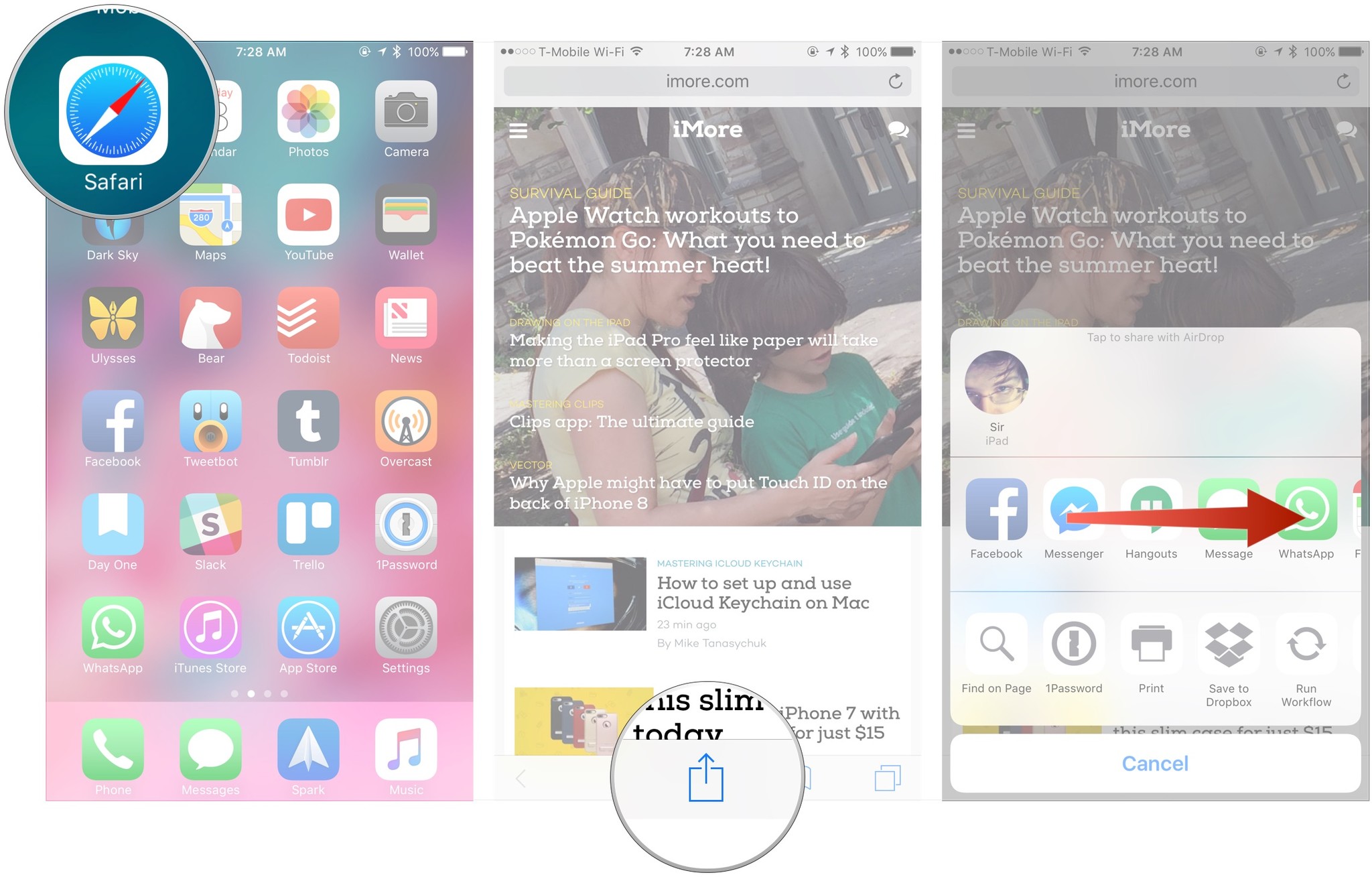 Open Safari, tap Share button, scroll right