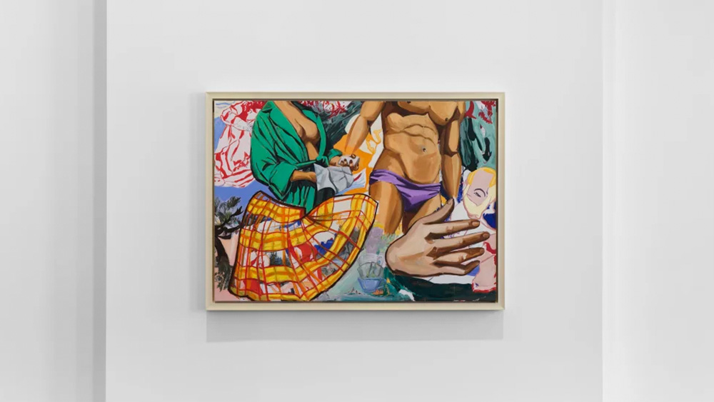 Bright postmodernist art by David Salle an AI in a gallery