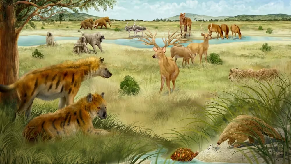 an illustration of ancient animals in a grassy field