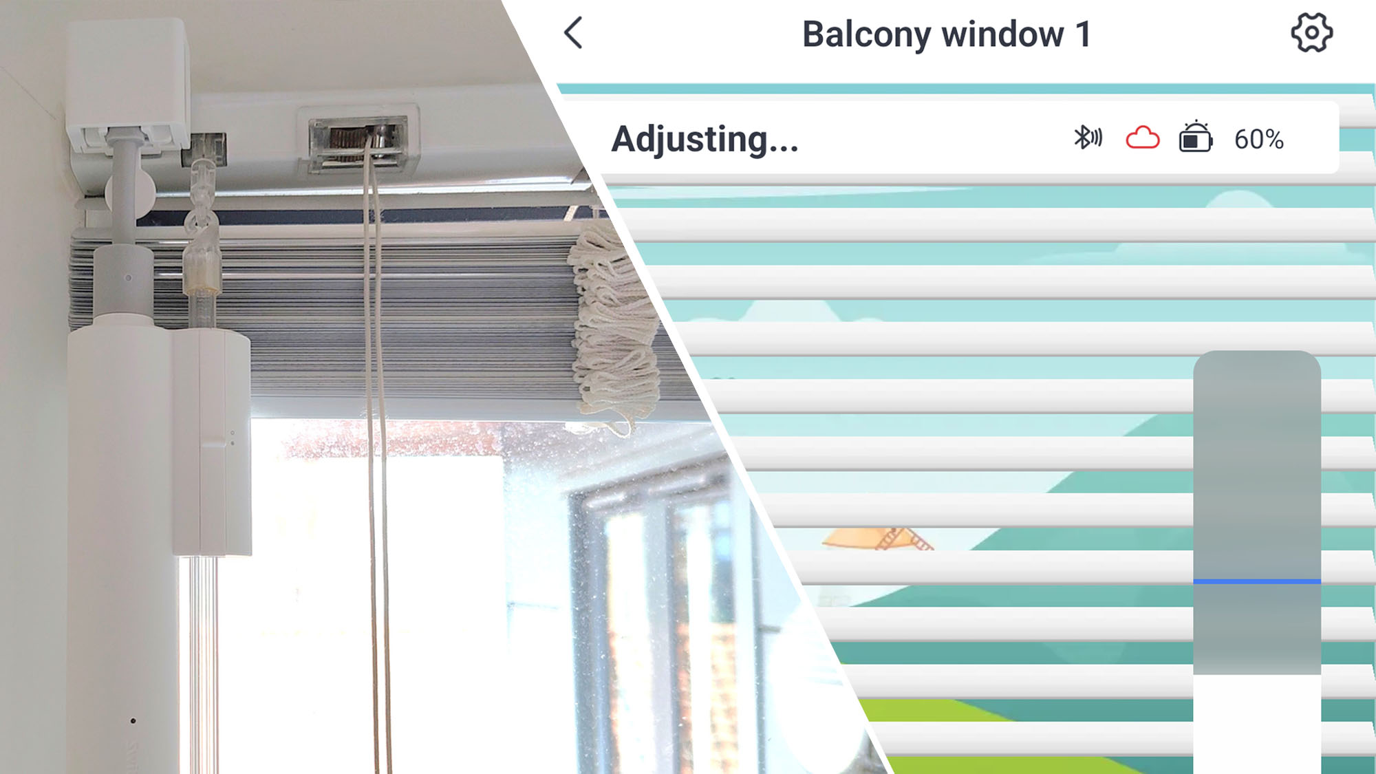 SwitchBot Blind Tilt mounted on window and in app
