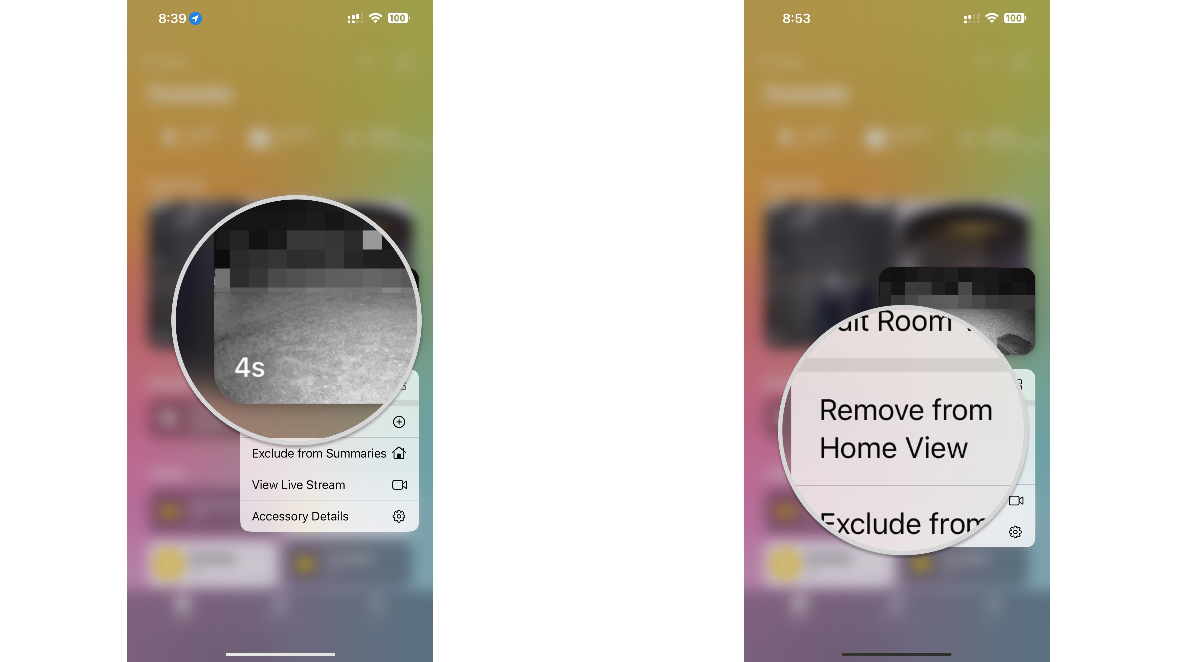 How to remove a camera from the Home View in the Home app on the iPhone by showing steps: Tap and hold on the Thumbnail image of your camera, Tap Remove from Home View.