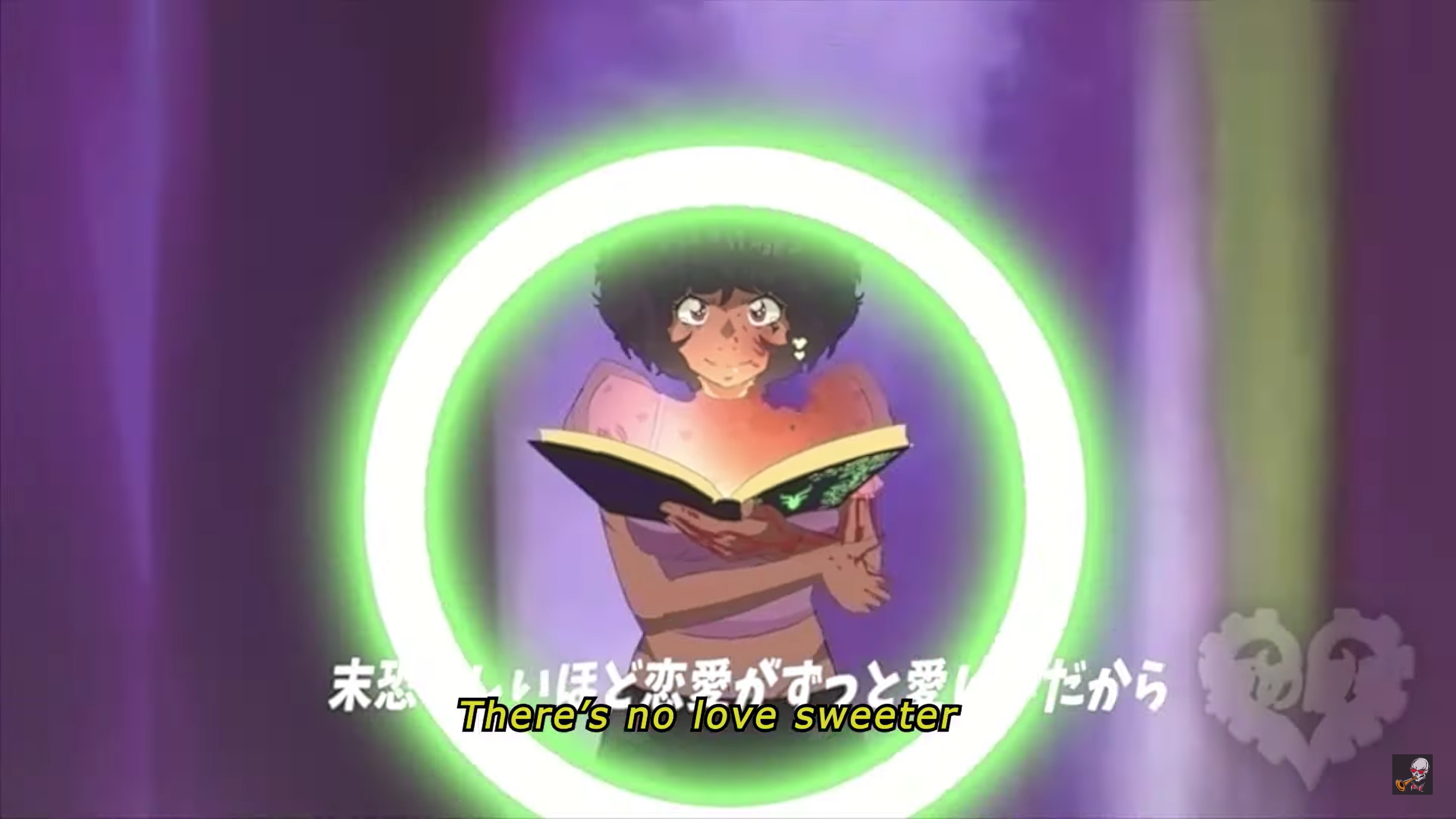 Stardust holding a purple book while a green ring of power surrounds her