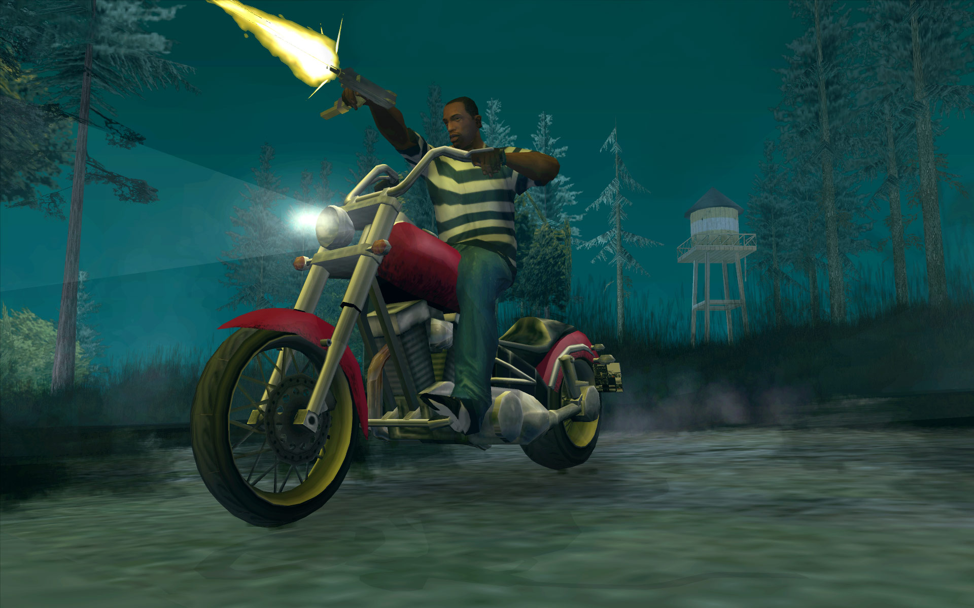 GTA: San Andreas cheats - CJ firing a gun from a motorbike