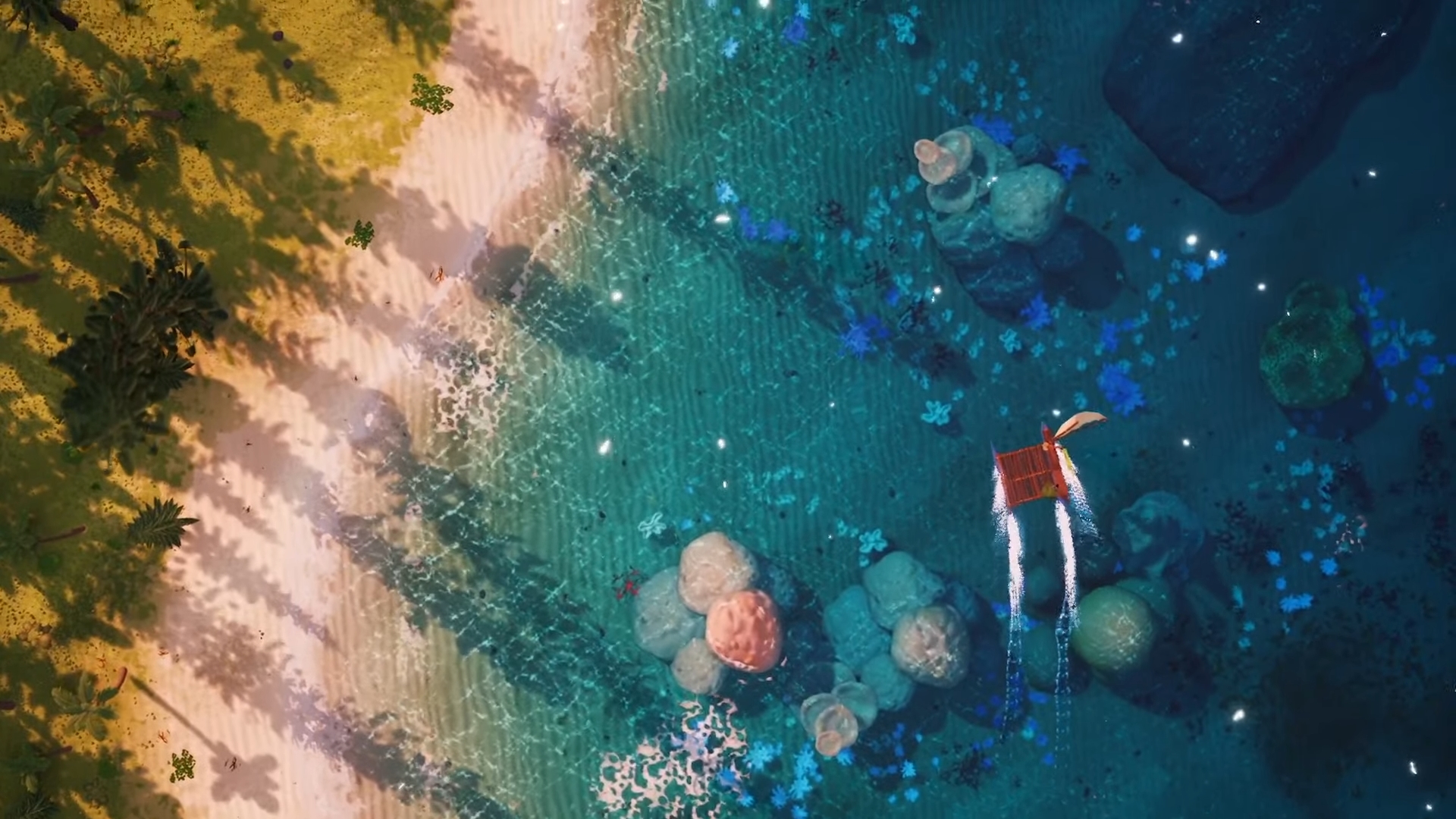 An overhead shot of Tchia's boat sailing along the coast