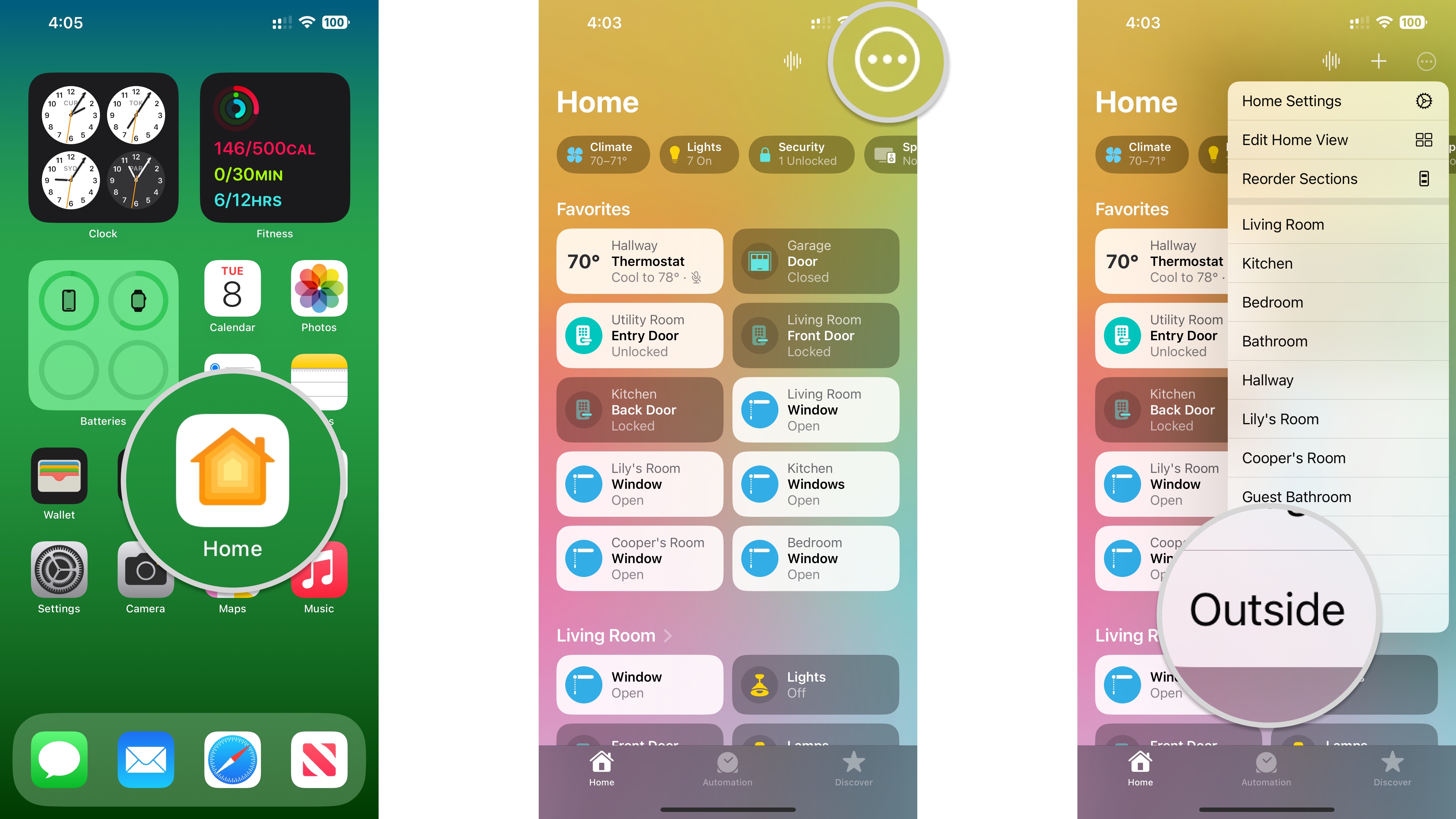 How to delete recorded video in the Home app on the iPhone by showing steps: Launch the Home app, Tap the Ellipses Icon, Tap the Room that includes your camera.
