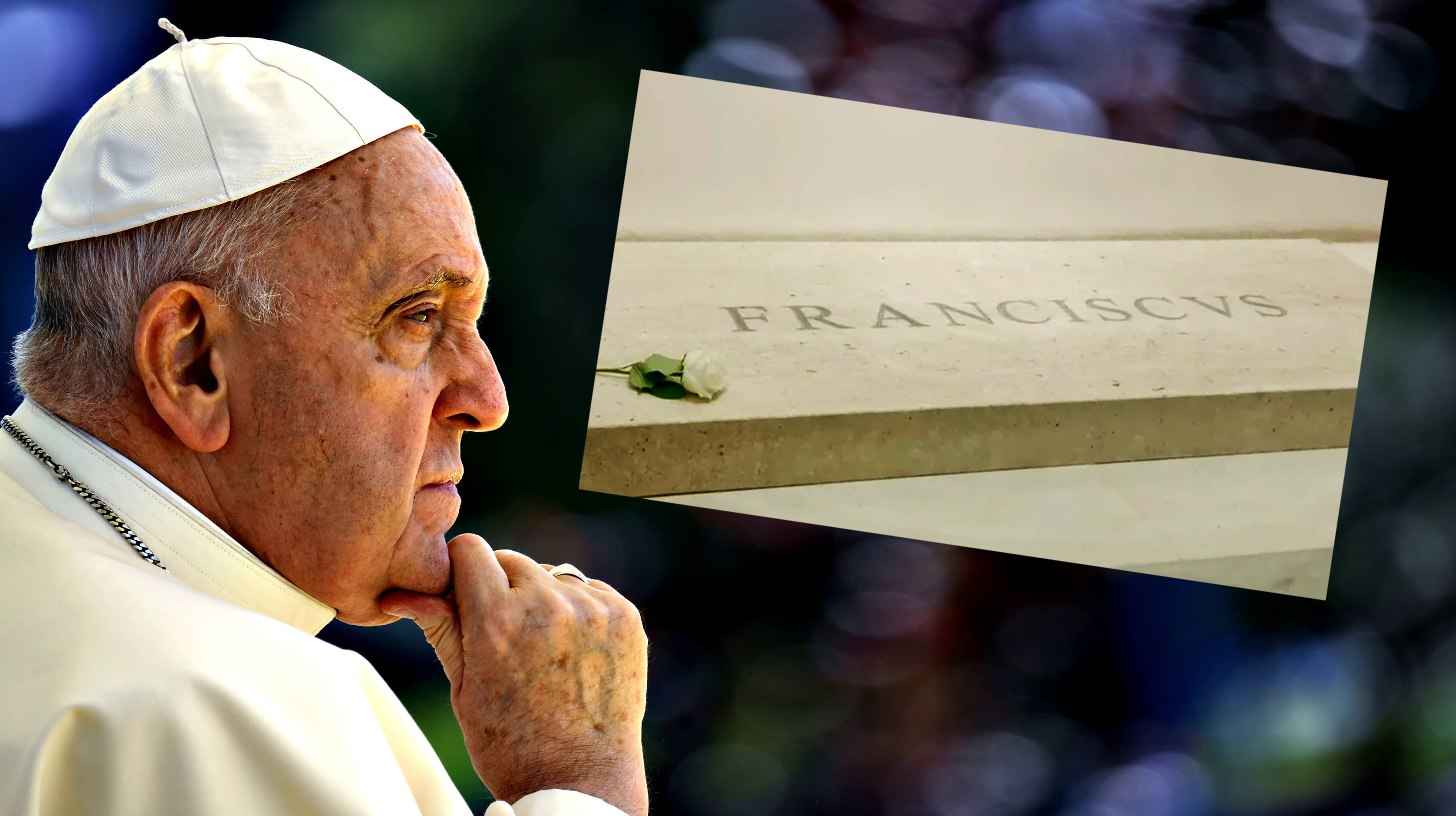 A side profile of Pope Francis with a super-imposed image of a tomb reading &#039;Franciscvs&#039; featuring bad kerning