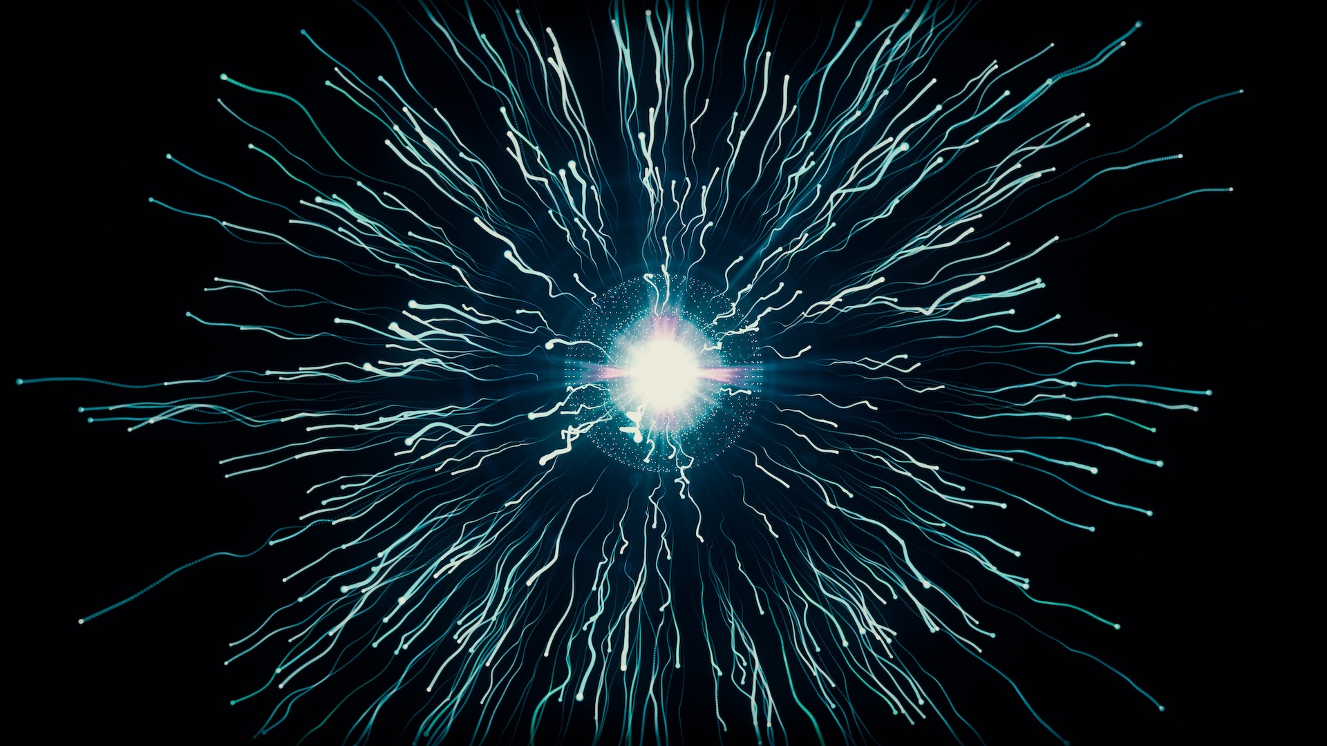 an abstract illustration depicting the collision of subatomic particles