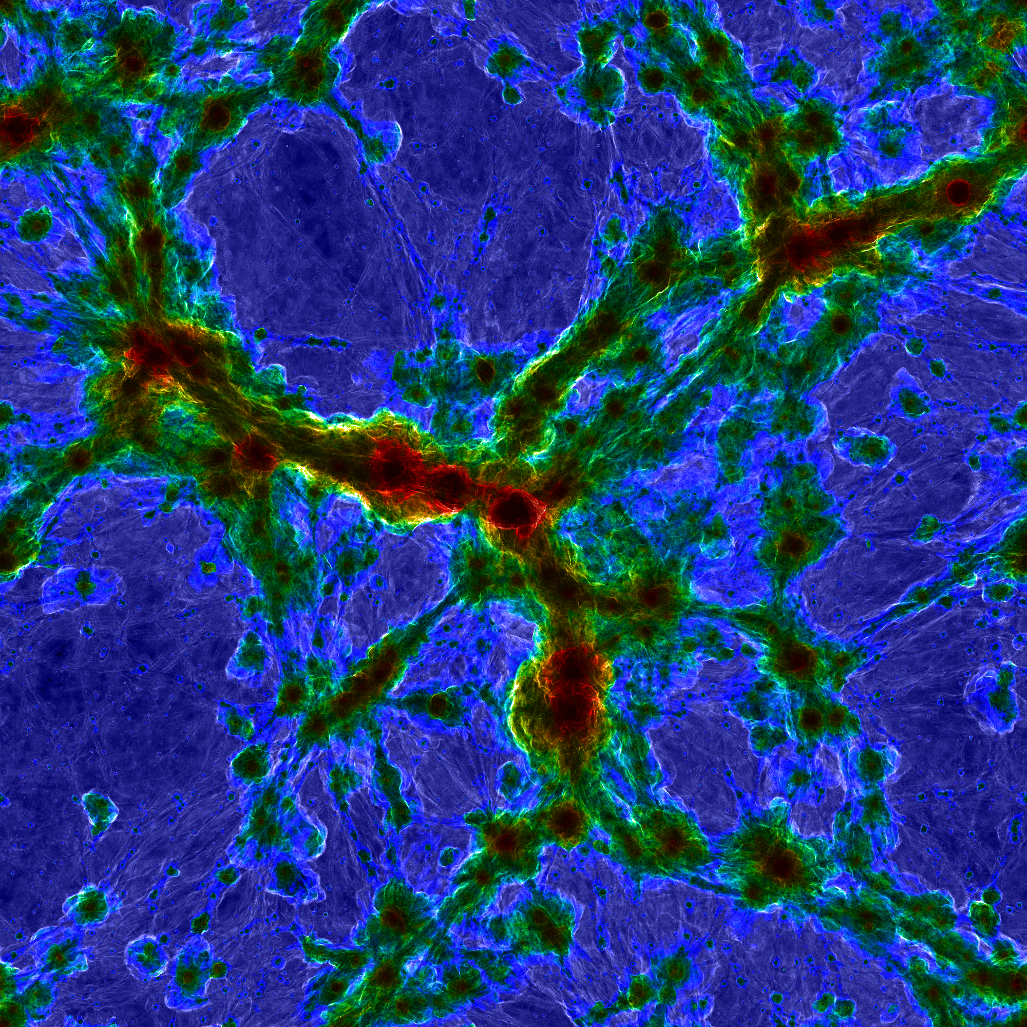 The centers of massive galaxy clusters are super hot (red), while bright structures show diffuse gas from the intergalactic medium shock heating at the boundary between cosmic voids and filaments.