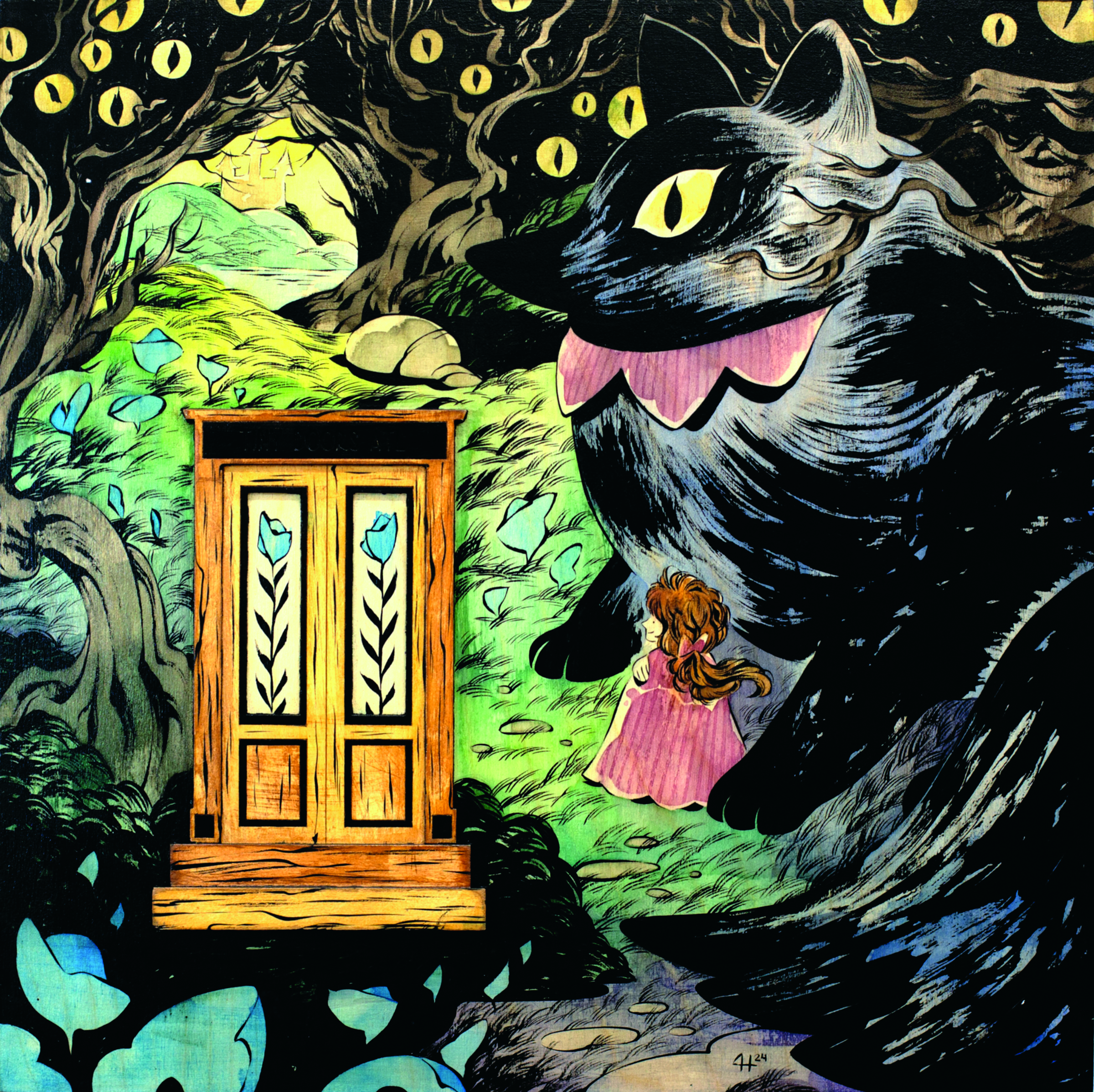 2D art; a black cat in a wood