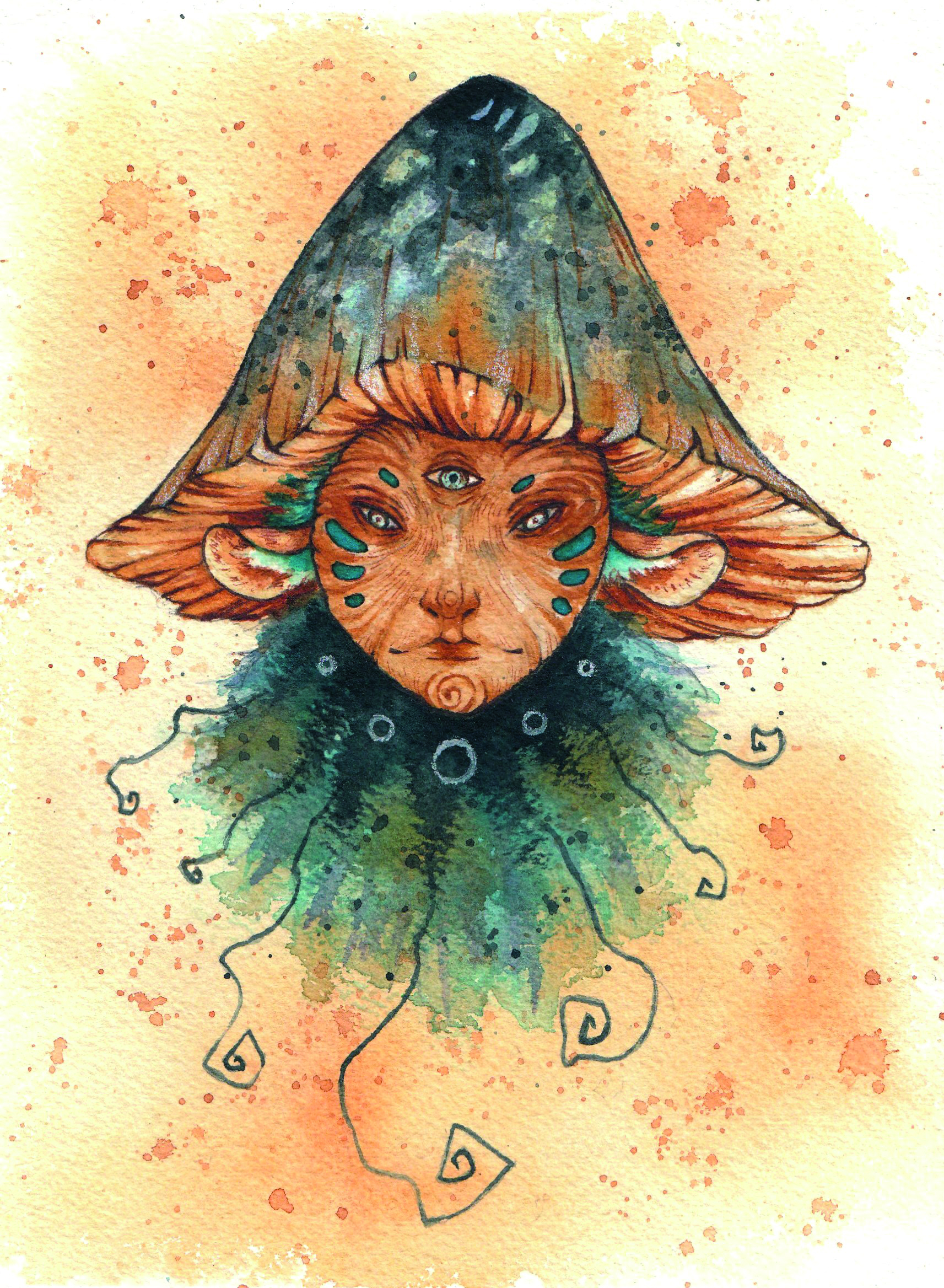 2D art; a mushroom creature with three eyes