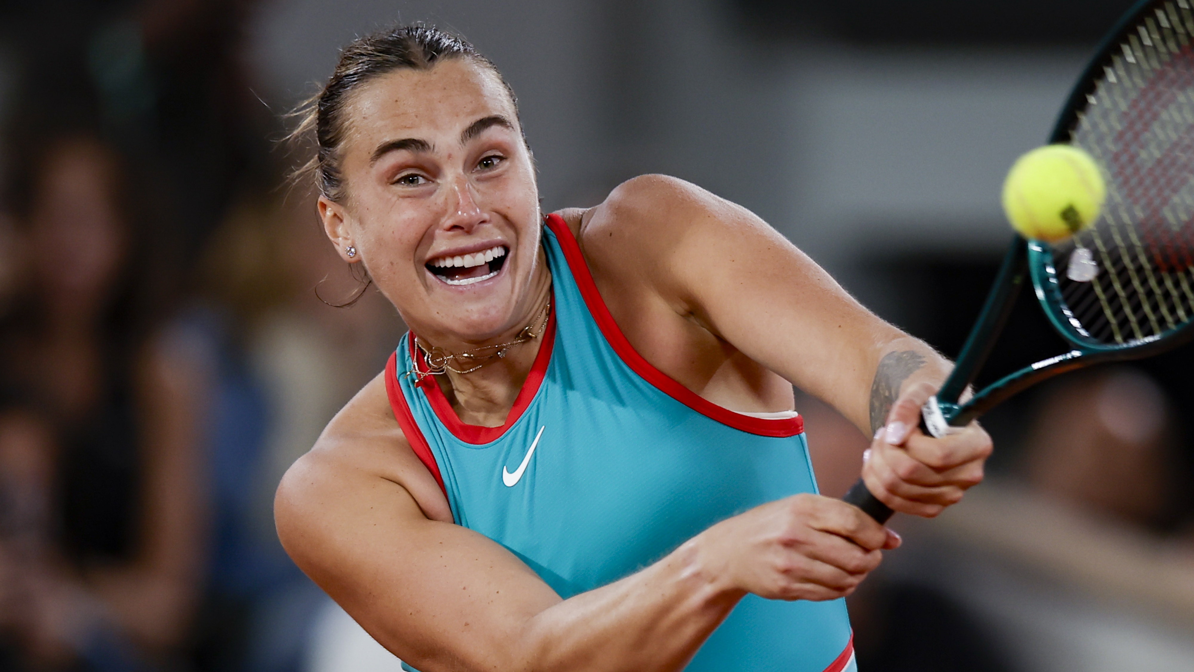 PARIS, FRANCE - JUNE 5: Aryna Sabalenka plays a backhand in the the Women&#039;s Singles finals at the 2025 French Open at Roland Garros in Paris, France.