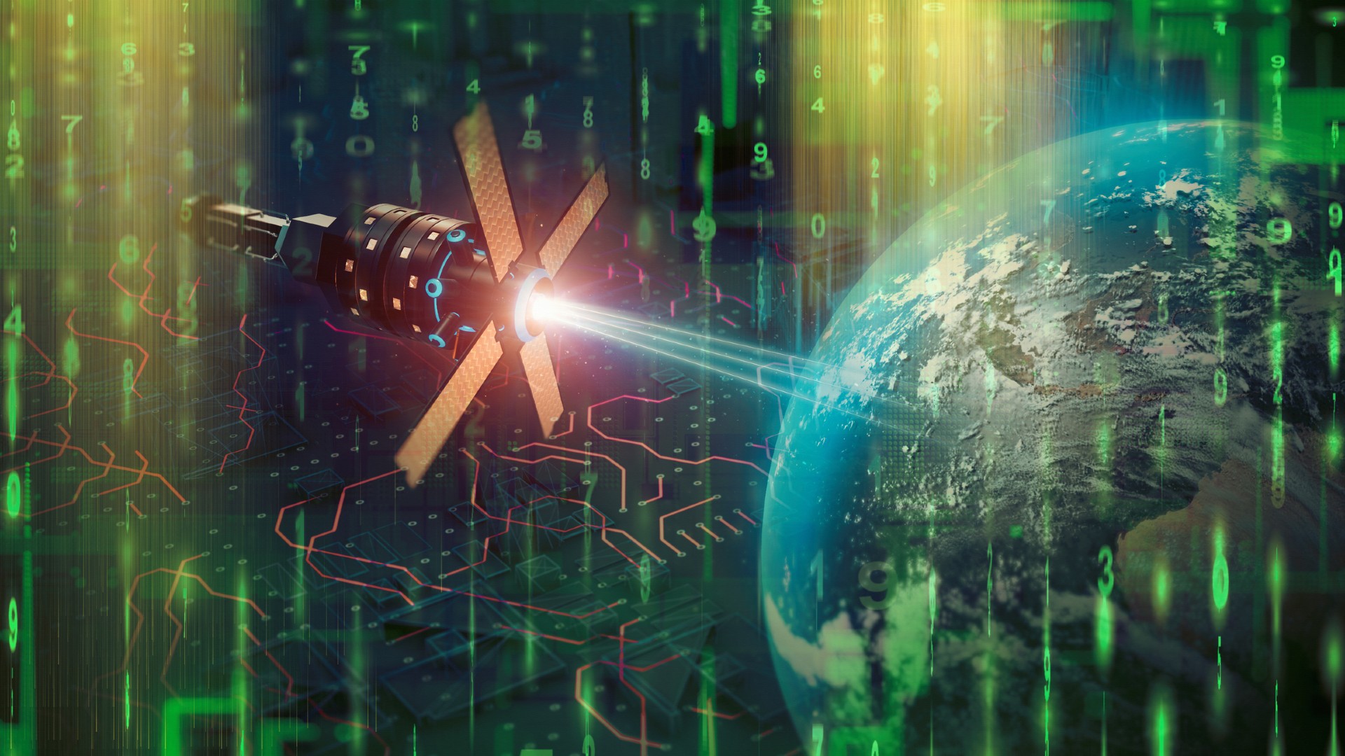 a satellite floats above Earth while computer code can be seen in the background
