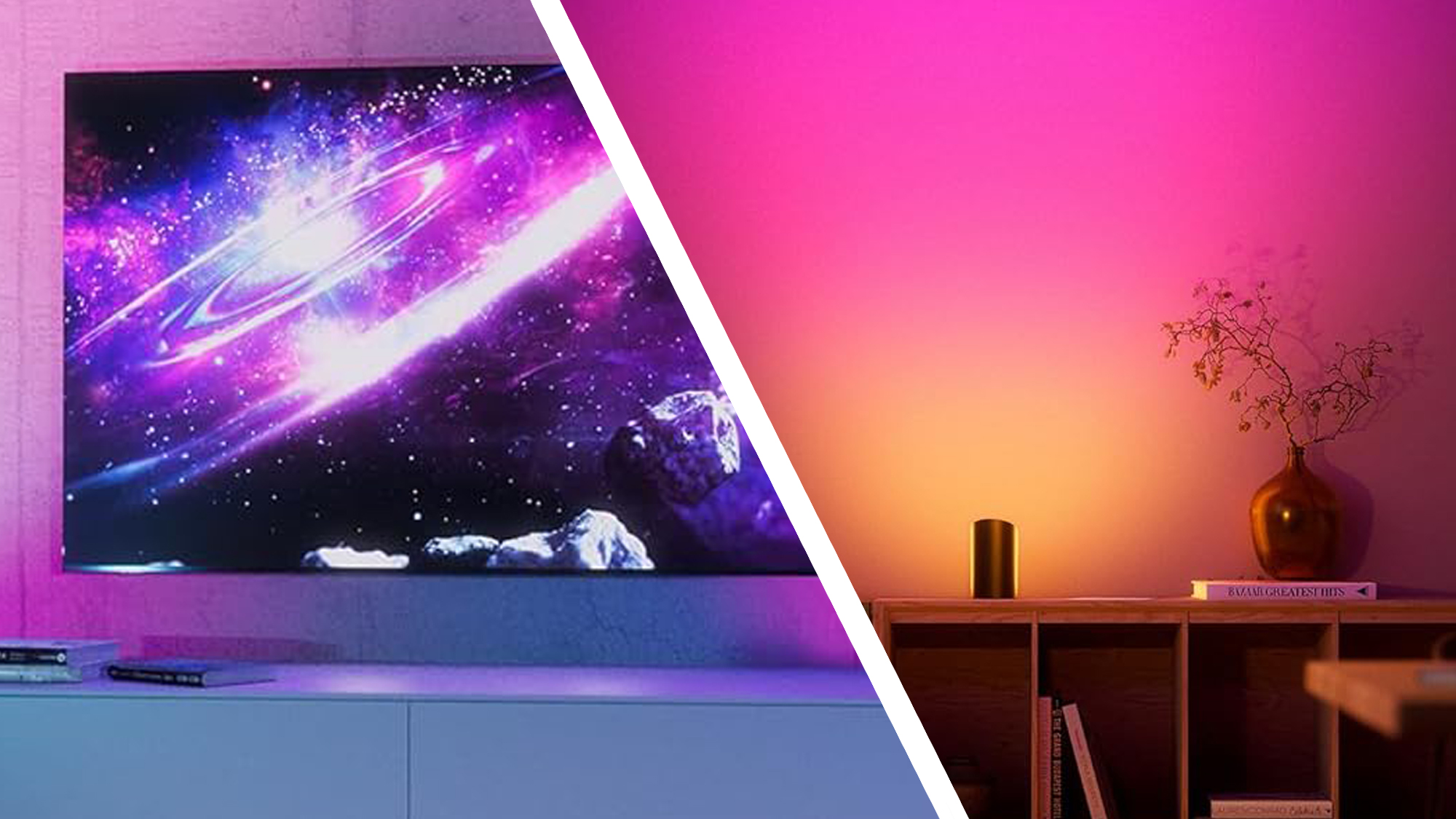 Split image showing Philips Hue Play Smart Wall Washer light synced with TV and on a shelf